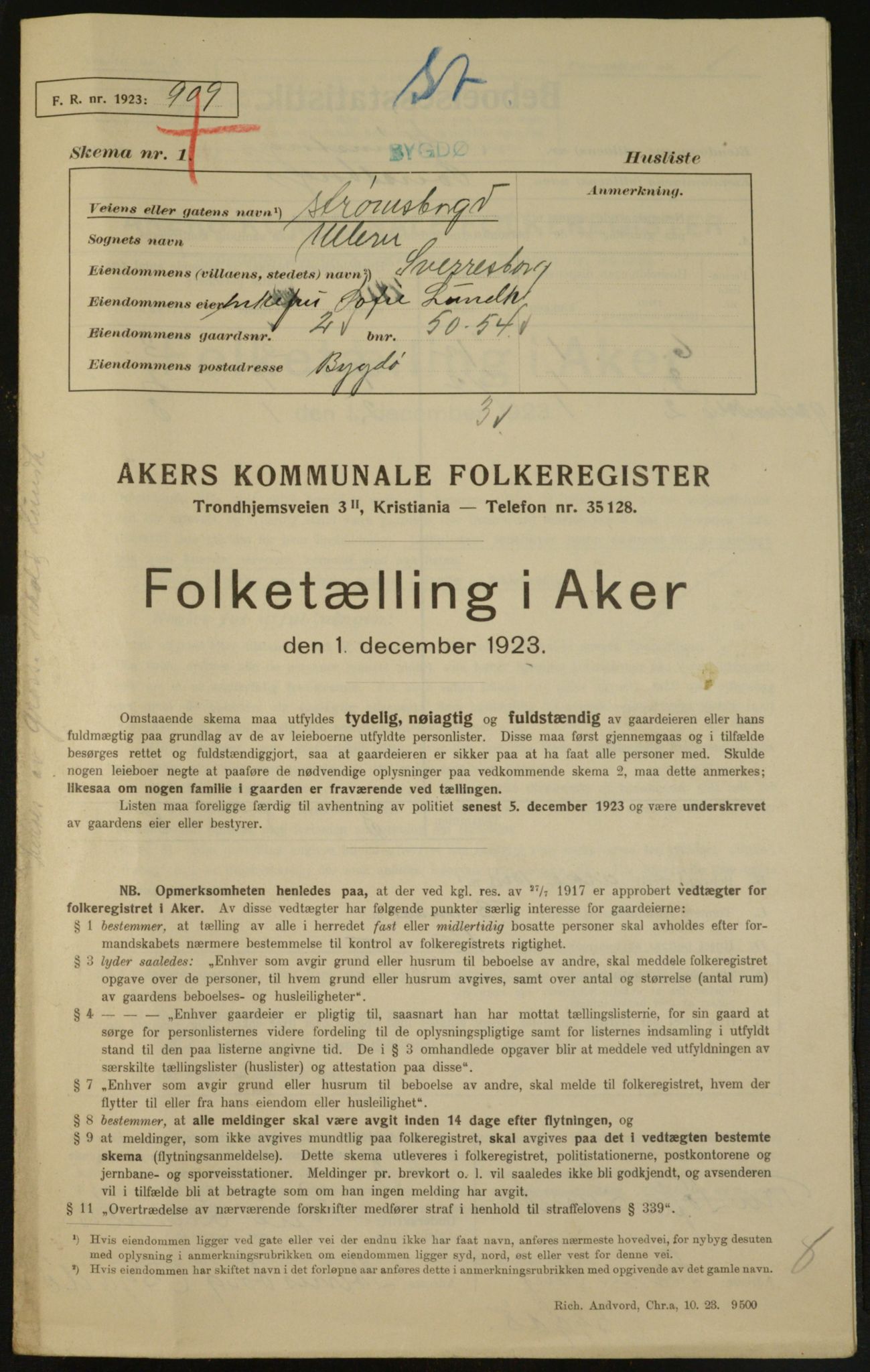 , Municipal Census 1923 for Aker, 1923, p. 5650