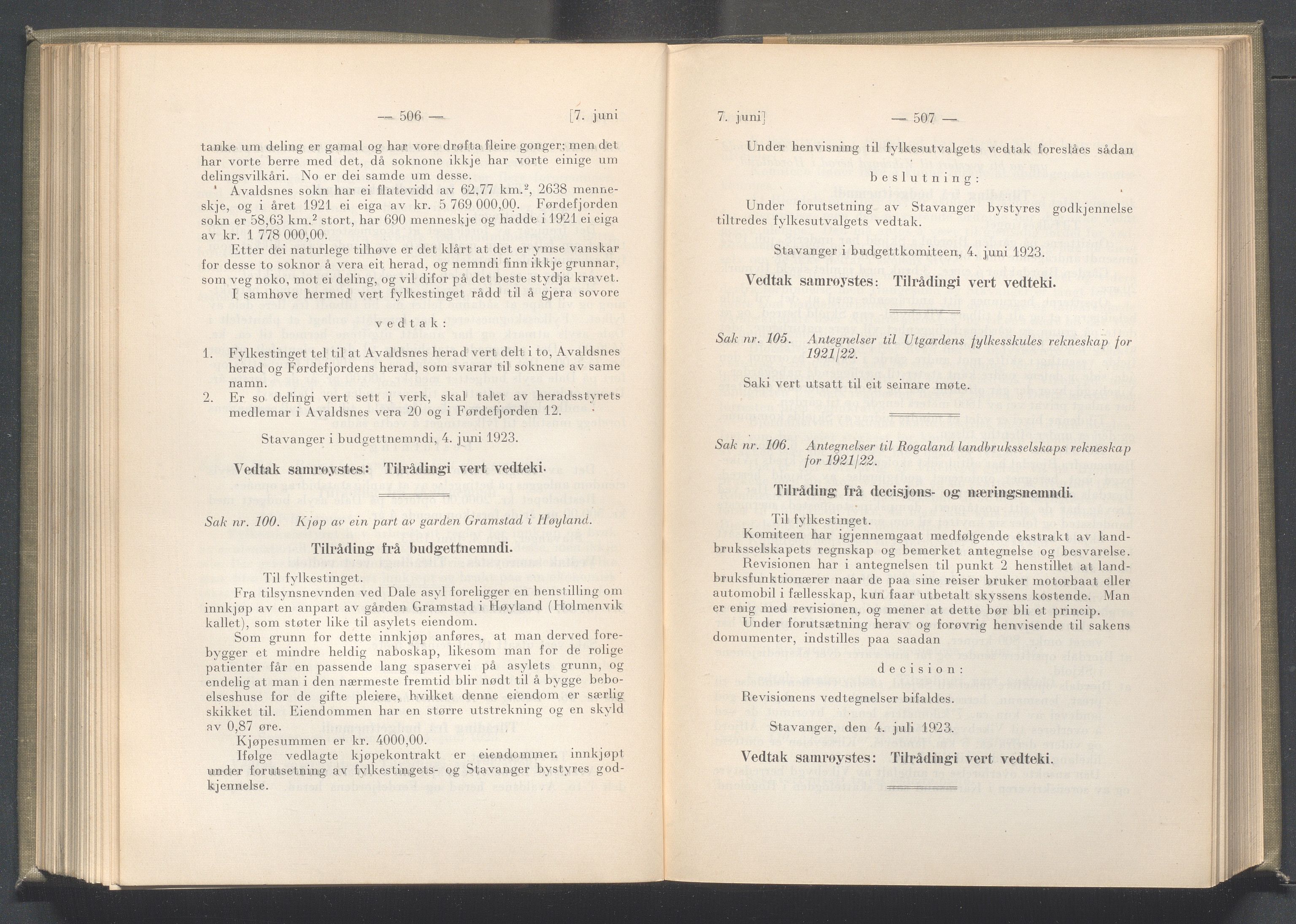 Rogaland fylkeskommune - Fylkesrådmannen , IKAR/A-900/A/Aa/Aaa/L0042: Møtebok , 1923, p. 506-507