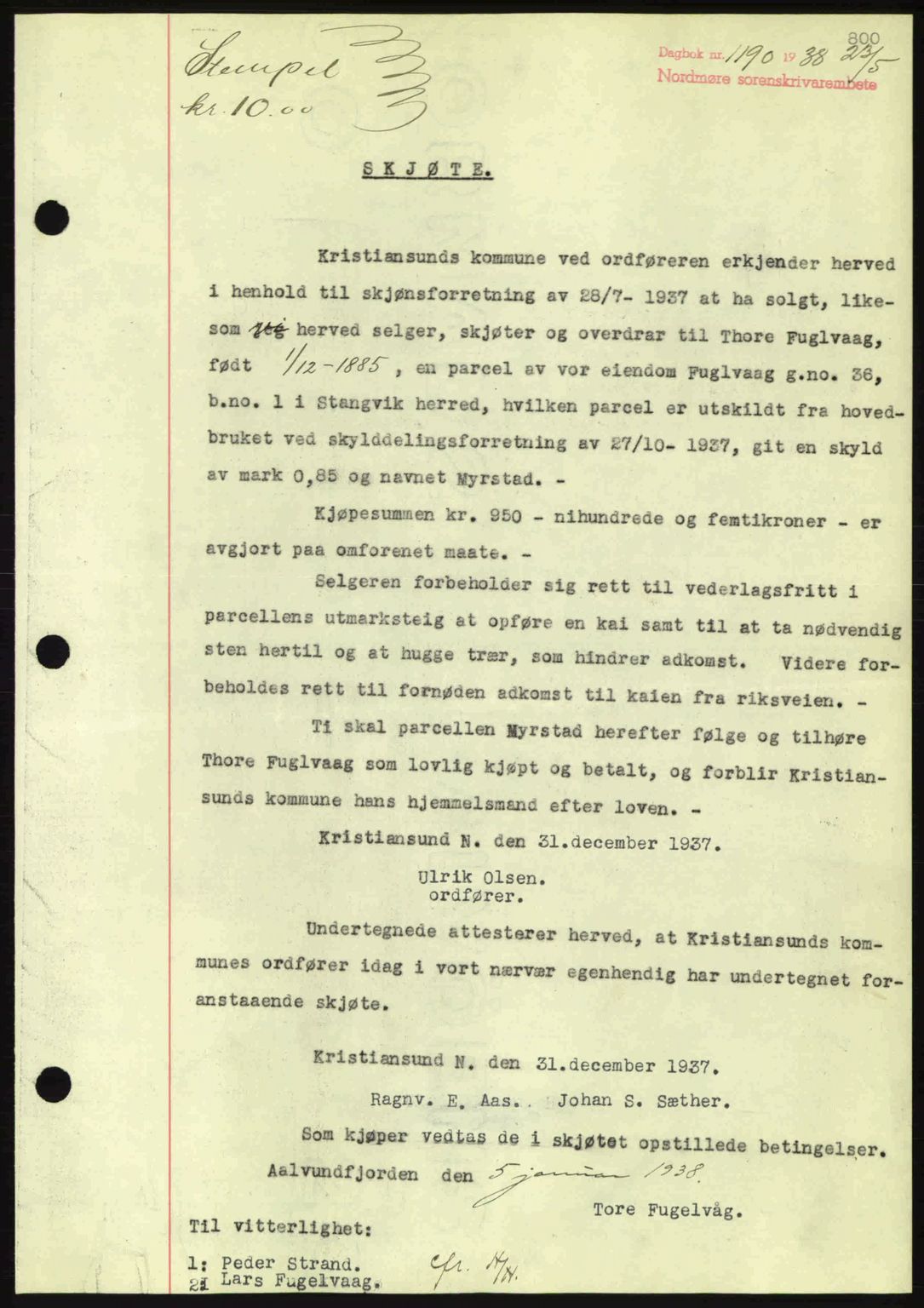 Nordmøre sorenskriveri, AV/SAT-A-4132/1/2/2Ca: Mortgage book no. A83, 1938-1938, Diary no: : 1190/1938