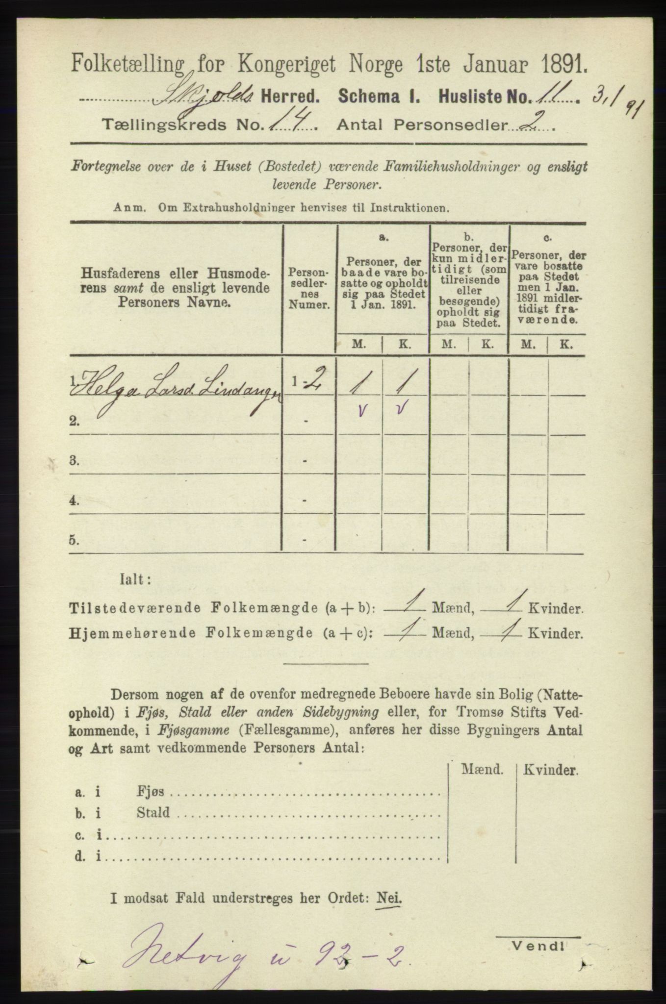 RA, 1891 census for 1154 Skjold, 1891, p. 2539