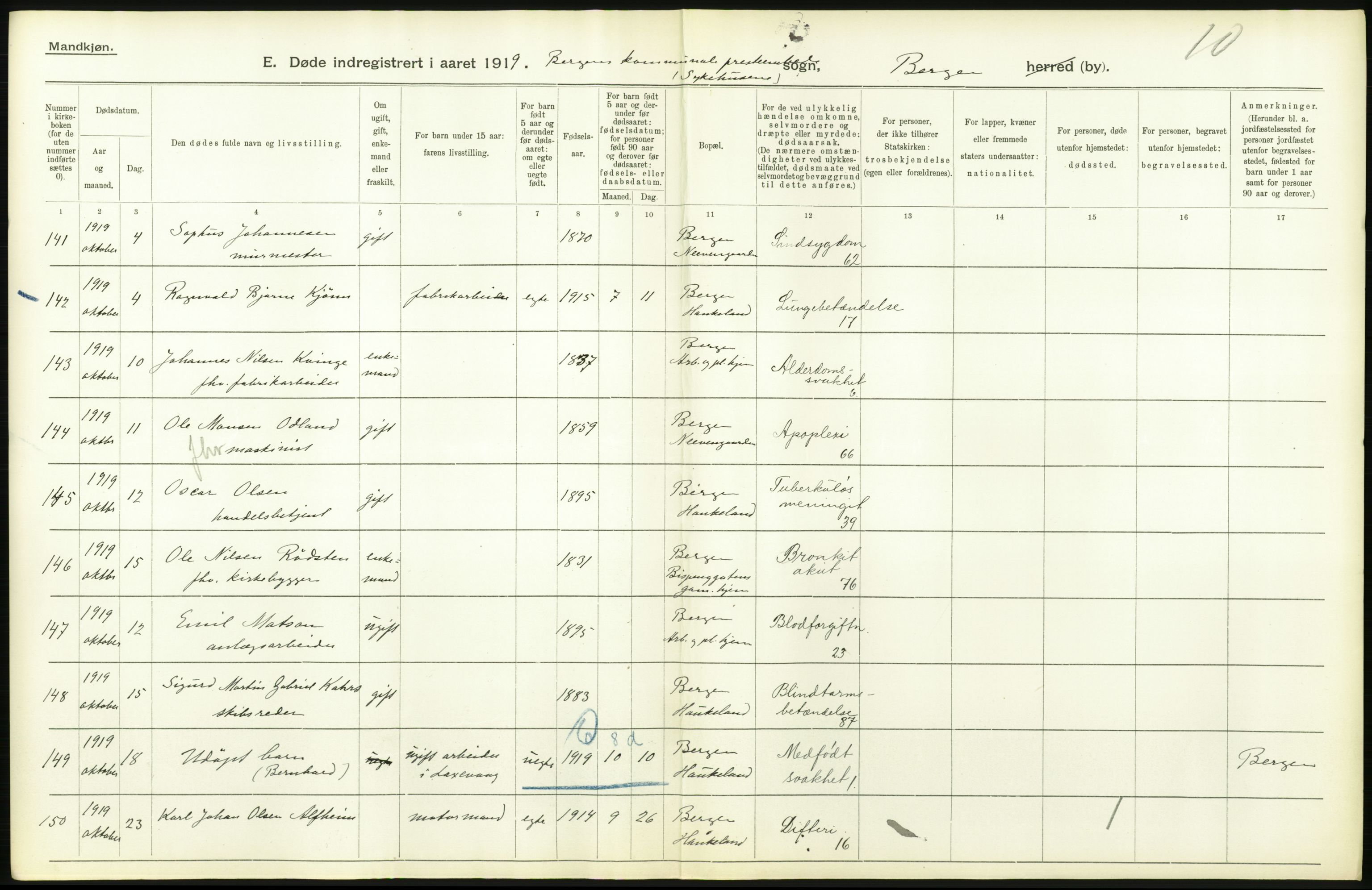 Statistisk sentralbyrå, Sosiodemografiske emner, Befolkning, AV/RA-S-2228/D/Df/Dfb/Dfbi/L0035: Bergen: Gifte, døde, dødfødte., 1919, p. 388