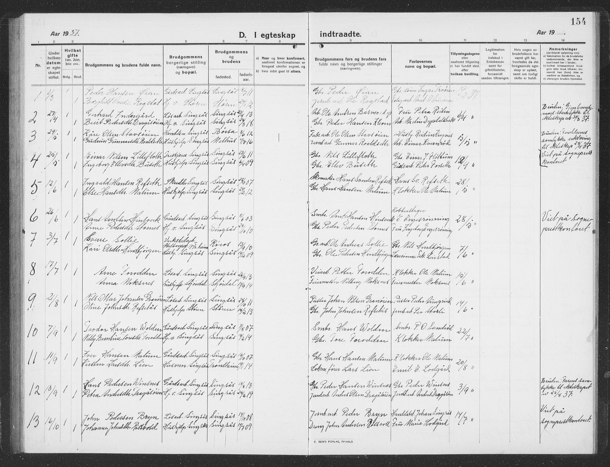 Ministerialprotokoller, klokkerbøker og fødselsregistre - Sør-Trøndelag, AV/SAT-A-1456/688/L1030: Parish register (copy) no. 688C05, 1916-1939, p. 154