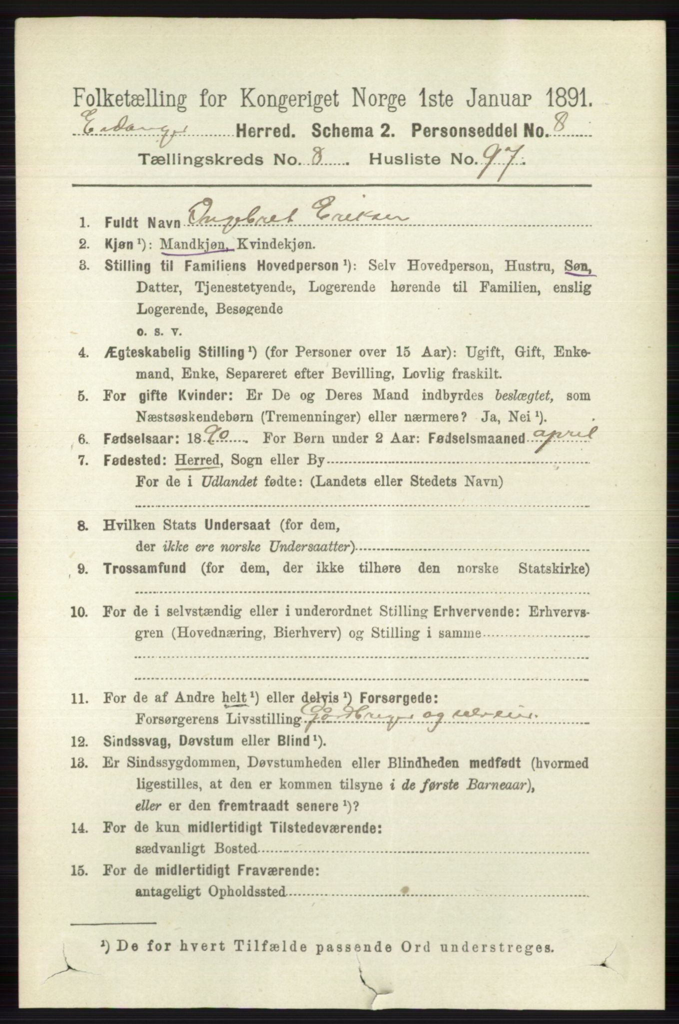 RA, 1891 census for 0813 Eidanger, 1891, p. 3557