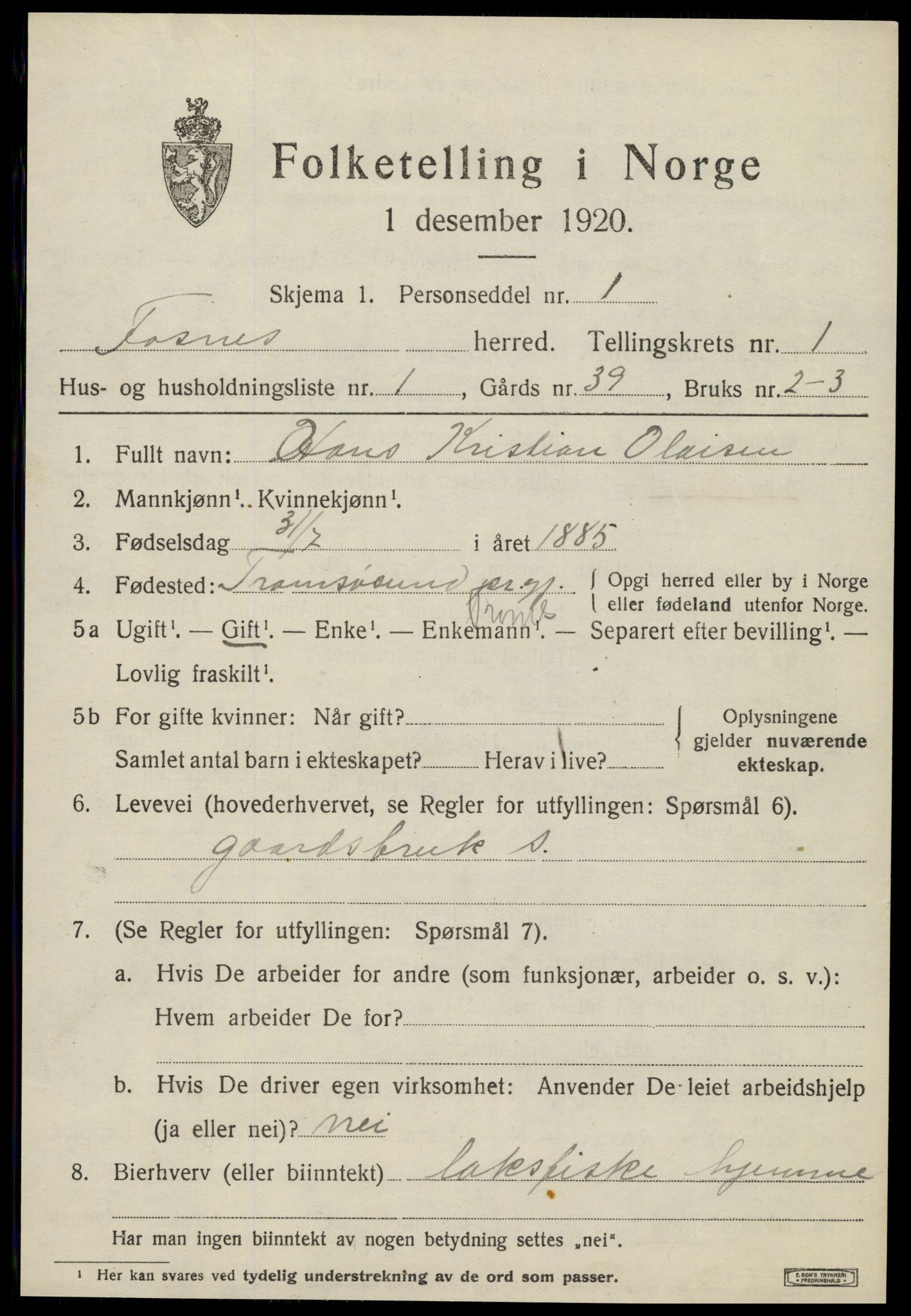 SAT, 1920 census for Fosnes, 1920, p. 415