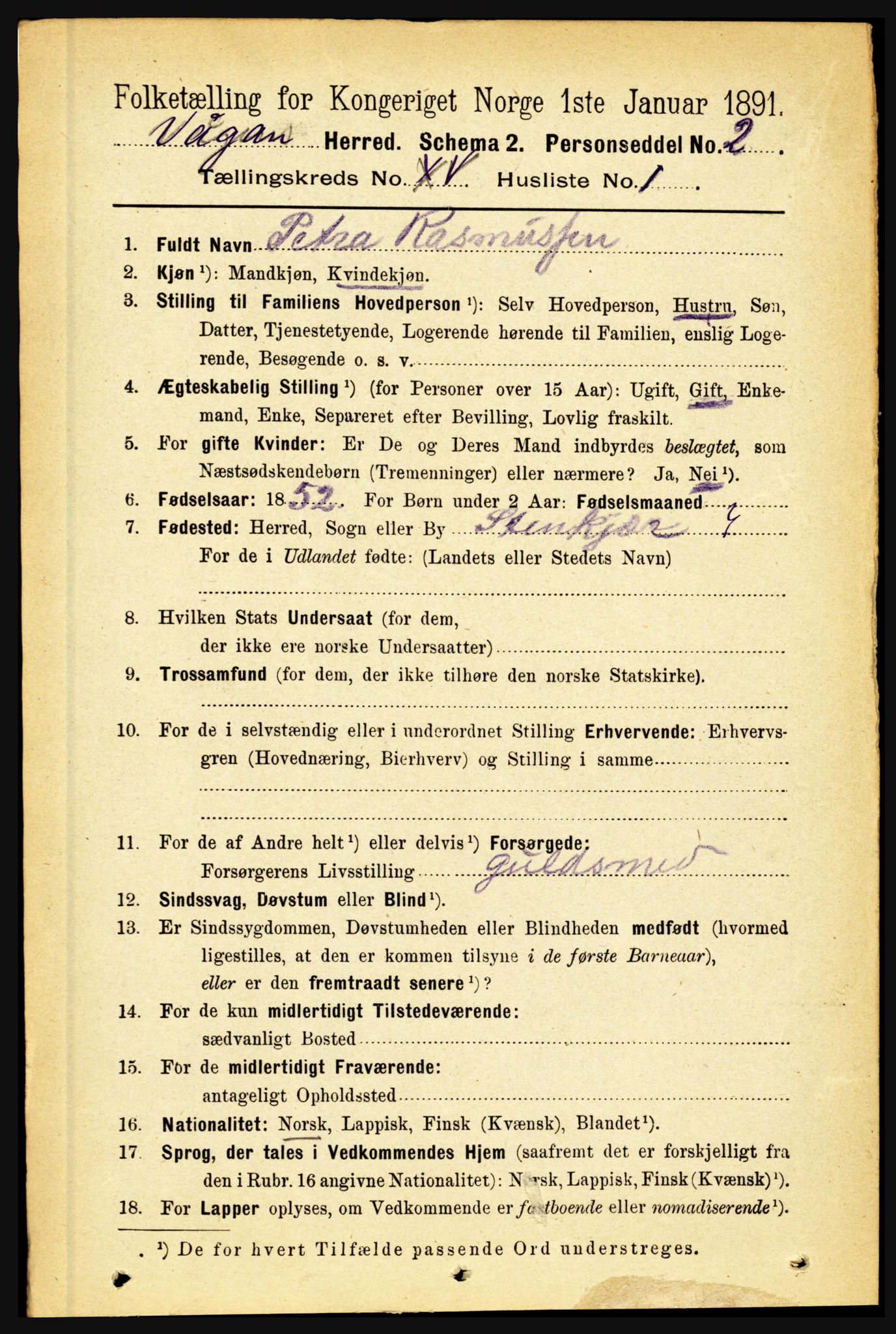 RA, 1891 census for 1865 Vågan, 1891, p. 4079