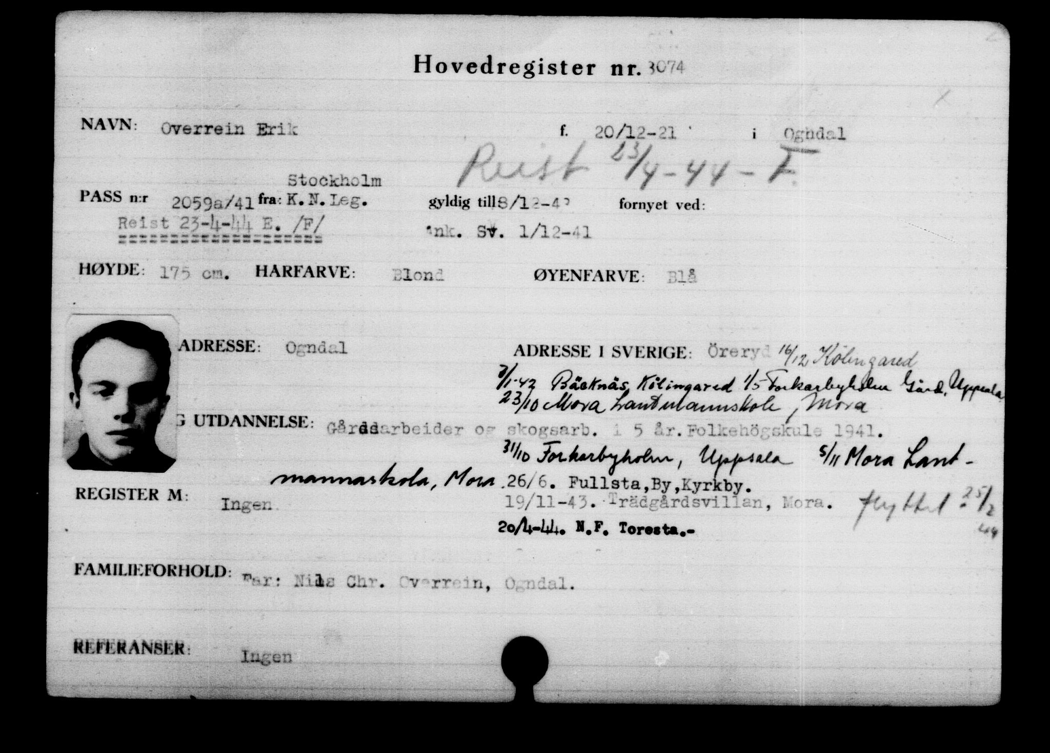 Utenriksstasjonene, Legasjonen i Stockholm, Flyktningkontoret, AV/RA-S-6753/V/Va/L0003: Kjesäterkartoteket, flyktninger med registreringsnr. 2001-3495, 1940-1945, p. 1500