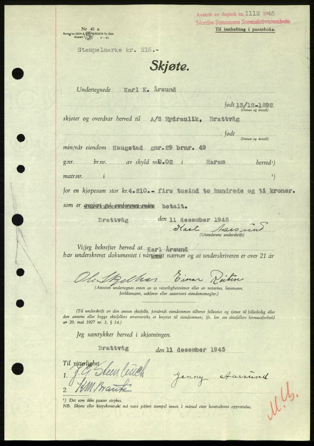 Nordre Sunnmøre sorenskriveri, AV/SAT-A-0006/1/2/2C/2Ca: Mortgage book no. A20a, 1945-1945, Diary no: : 1112/1945