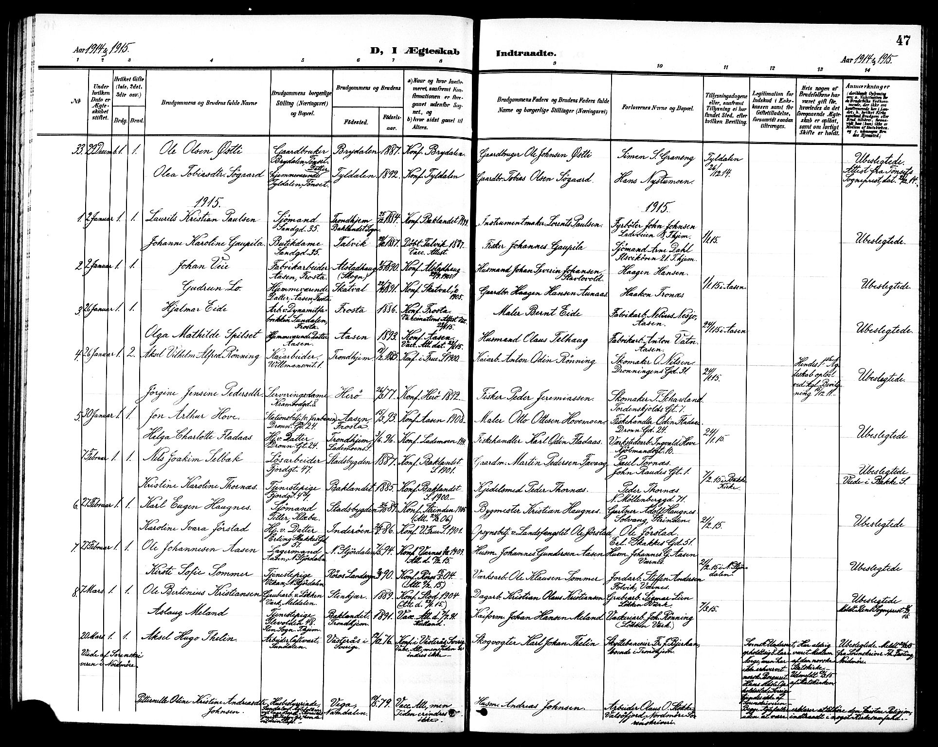 Ministerialprotokoller, klokkerbøker og fødselsregistre - Sør-Trøndelag, SAT/A-1456/602/L0145: Parish register (copy) no. 602C13, 1902-1919, p. 47
