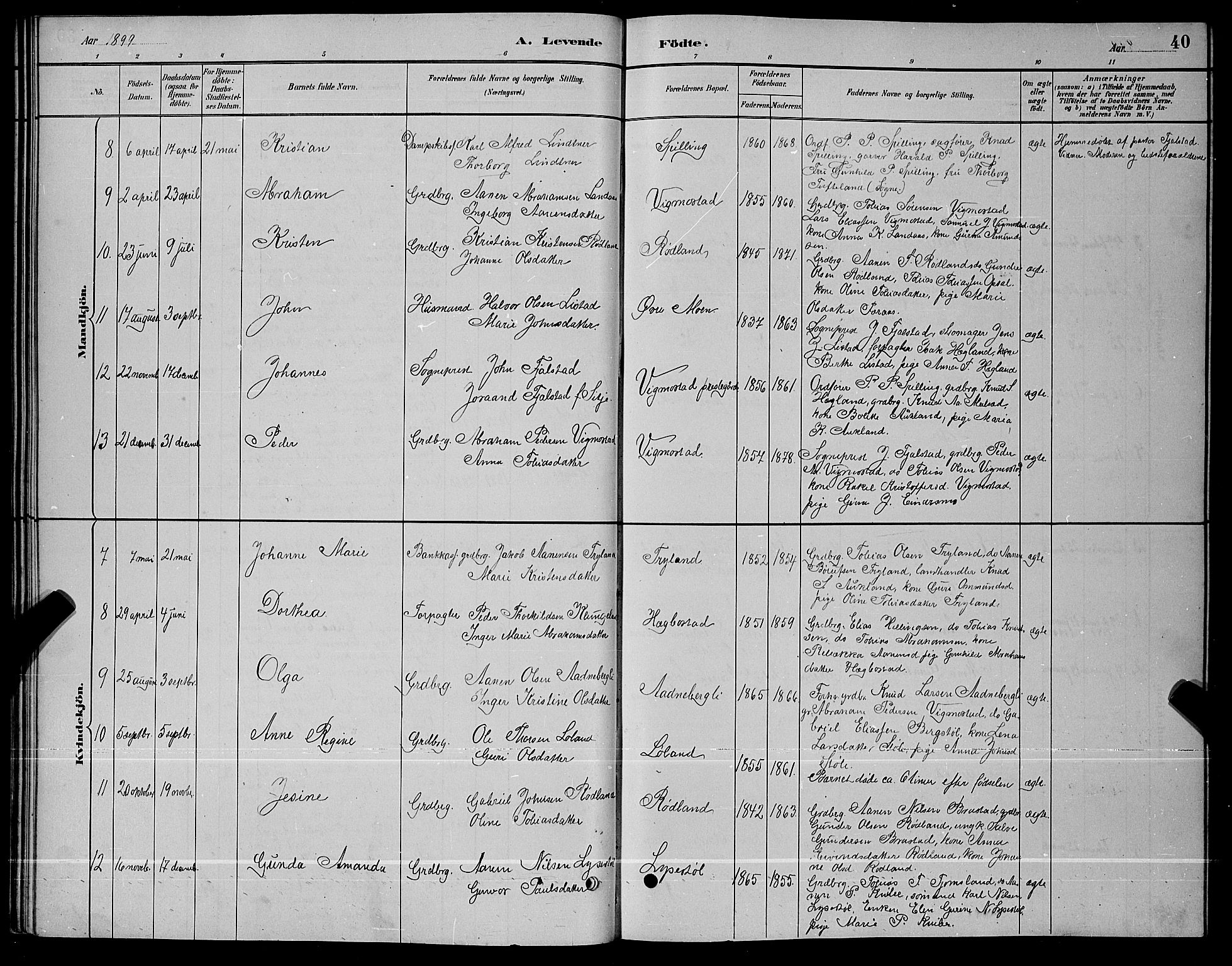 Nord-Audnedal sokneprestkontor, SAK/1111-0032/F/Fb/Fbb/L0003: Parish register (copy) no. B 3, 1882-1900, p. 40