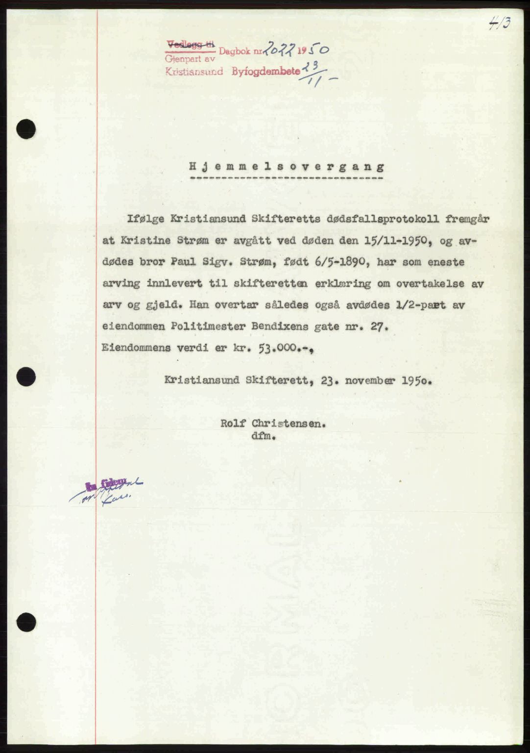 Kristiansund byfogd, AV/SAT-A-4587/A/27: Mortgage book no. 46, 1949-1950, Diary no: : 2022/1950