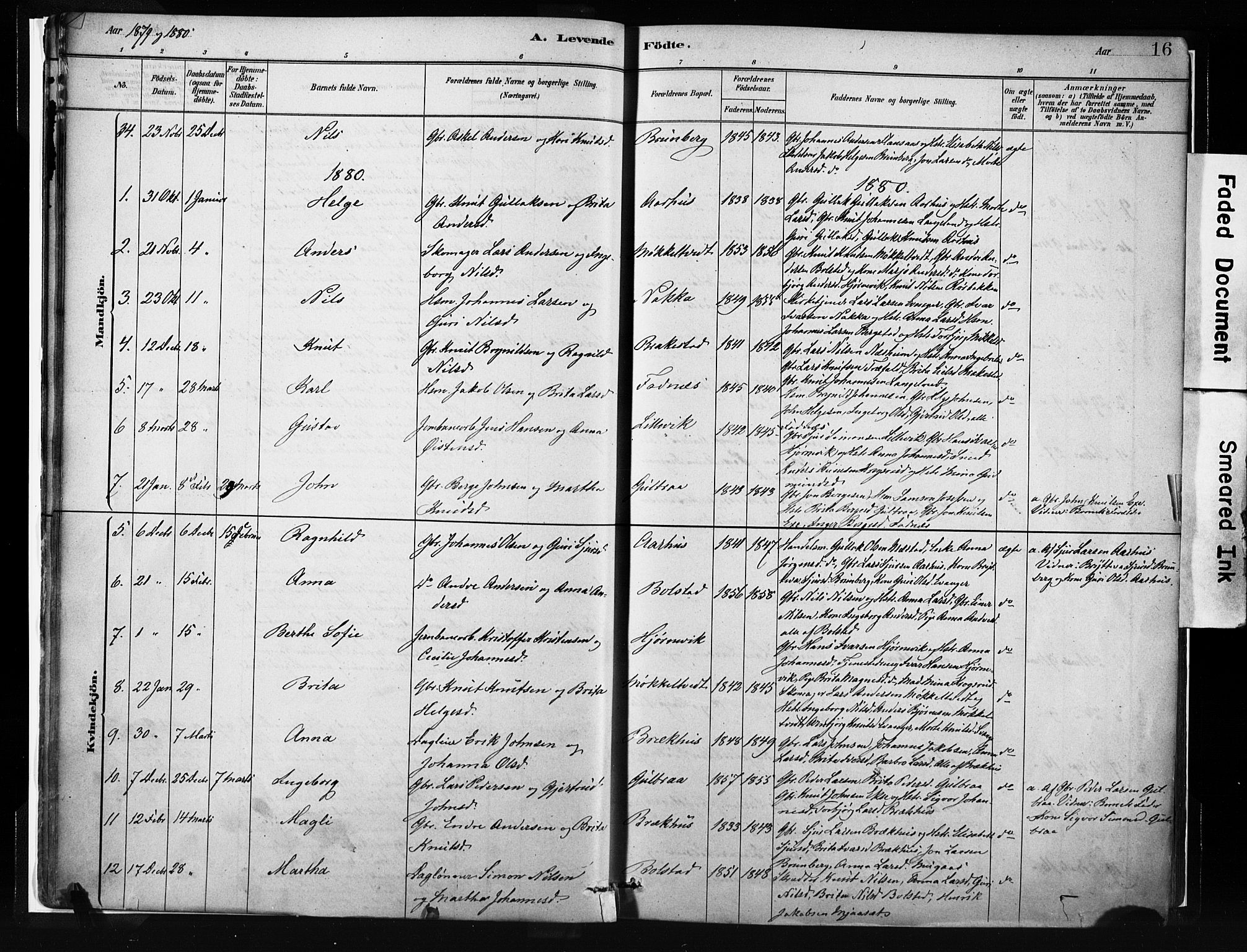 Evanger sokneprestembete, AV/SAB-A-99924: Parish register (official) no. A 1, 1877-1899, p. 16