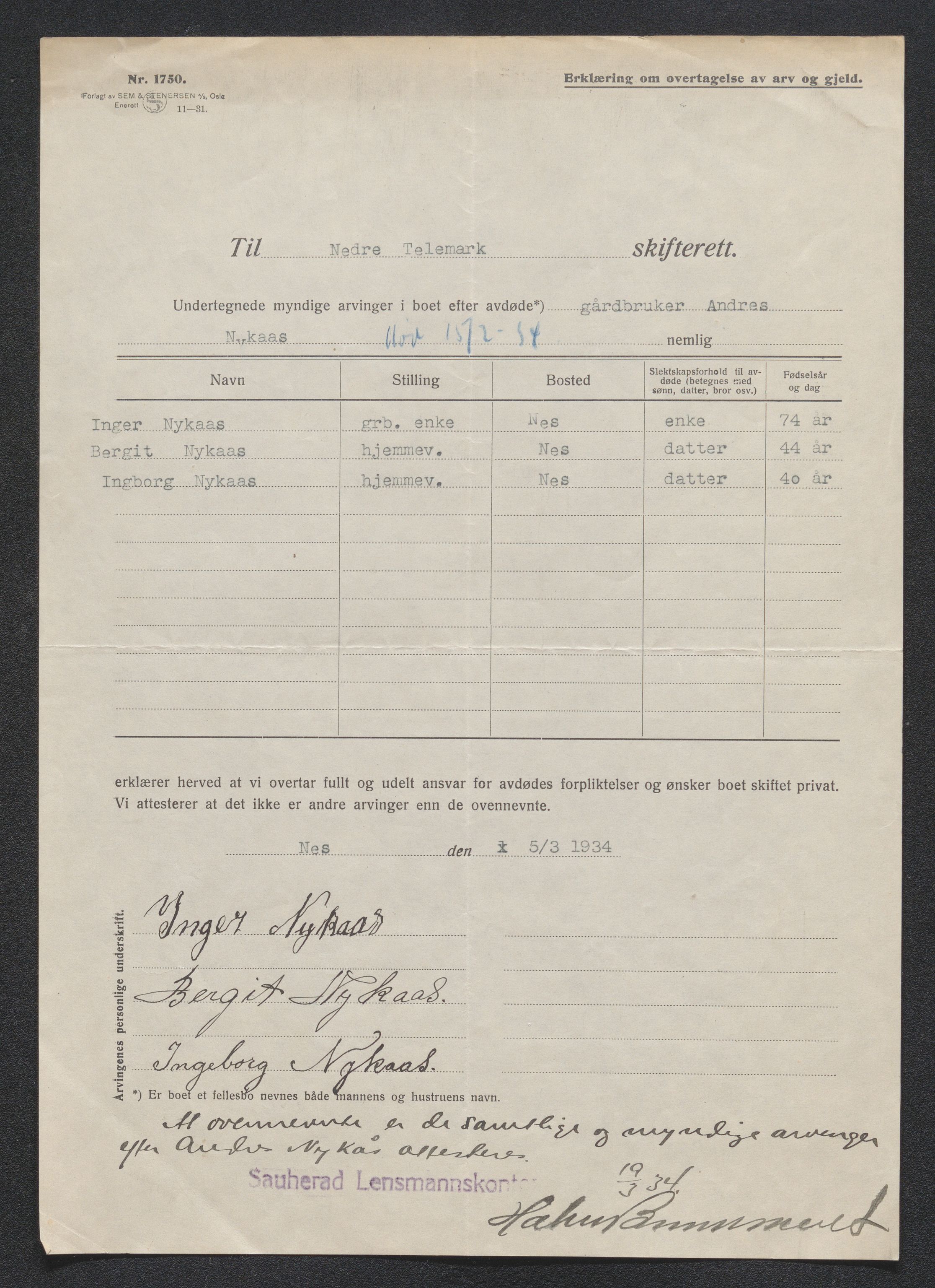 Nedre Telemark sorenskriveri, AV/SAKO-A-135/H/Ha/Hab/L0008: Dødsfallsfortegnelser
, 1931-1935, p. 1030