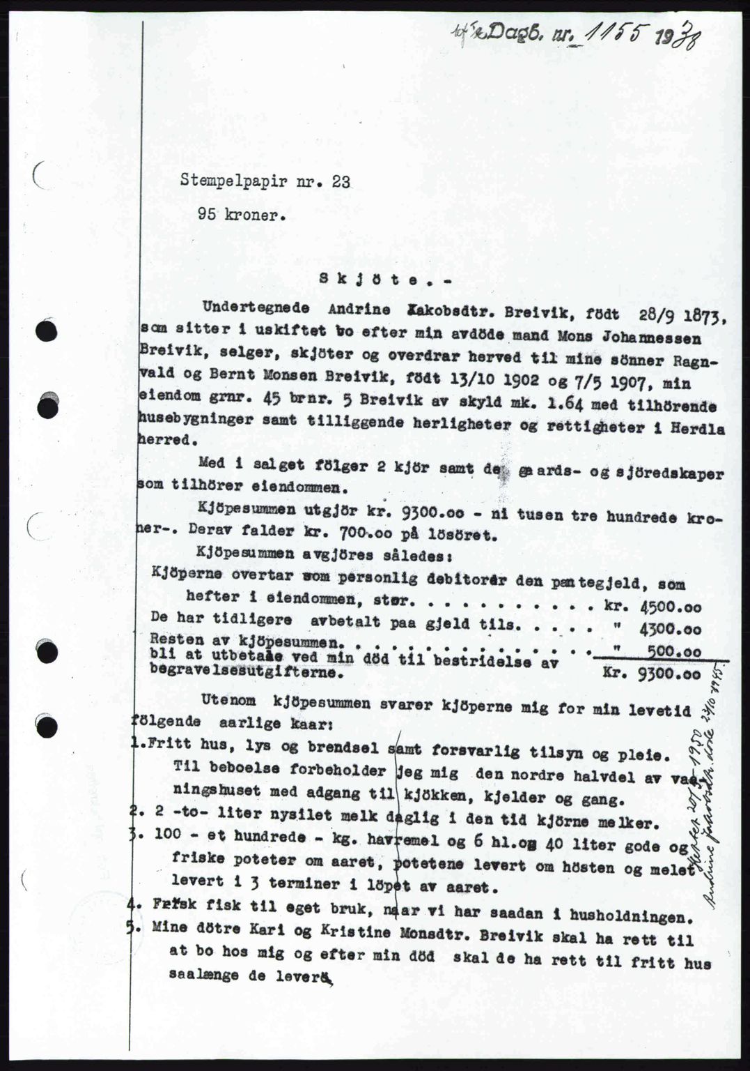 Nordhordland sorenskrivar, SAB/A-2901/1/G/Gb/Gbf/L0010: Mortgage book no. A10, 1939-1940, Diary no: : 1155/1938