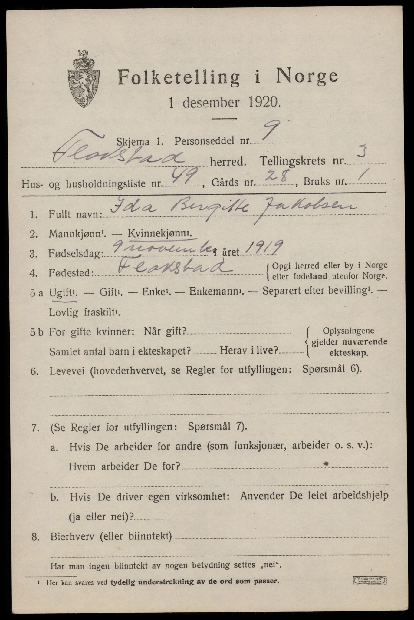 SAT, 1920 census for Flakstad, 1920, p. 2821