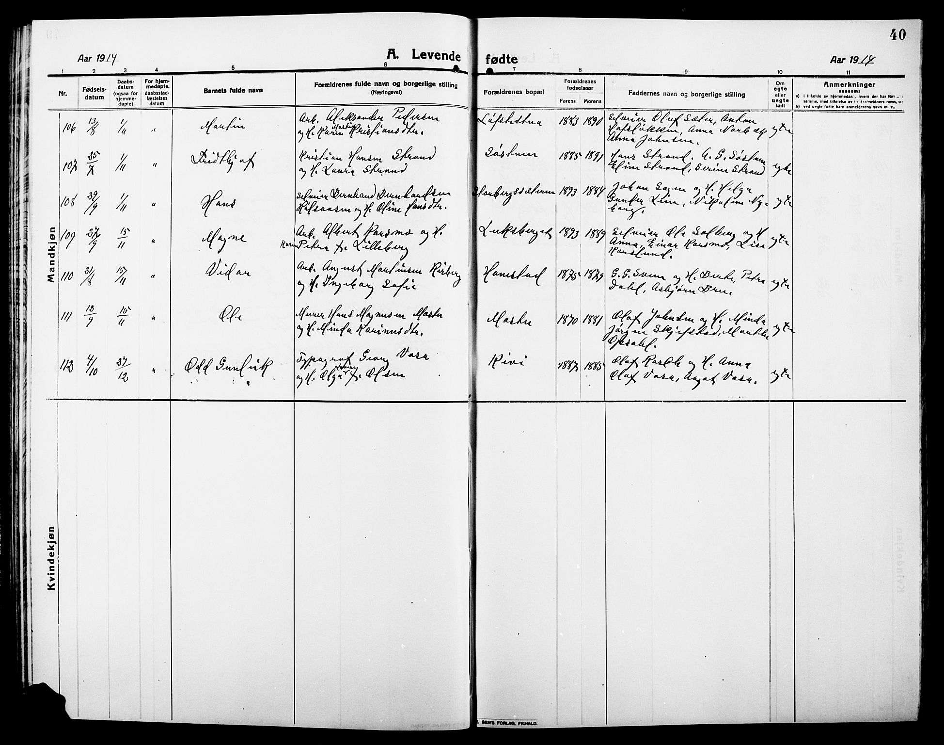 Elverum prestekontor, SAH/PREST-044/H/Ha/Hab/L0010: Parish register (copy) no. 10, 1912-1922, p. 40