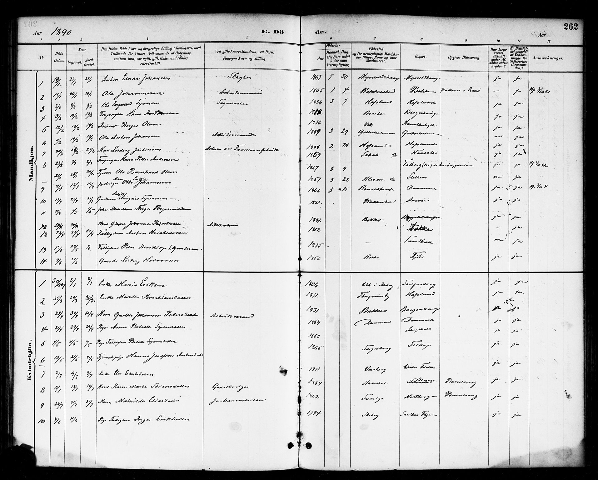 Skjeberg prestekontor Kirkebøker, SAO/A-10923/F/Fa/L0009: Parish register (official) no. I 9, 1886-1897, p. 262