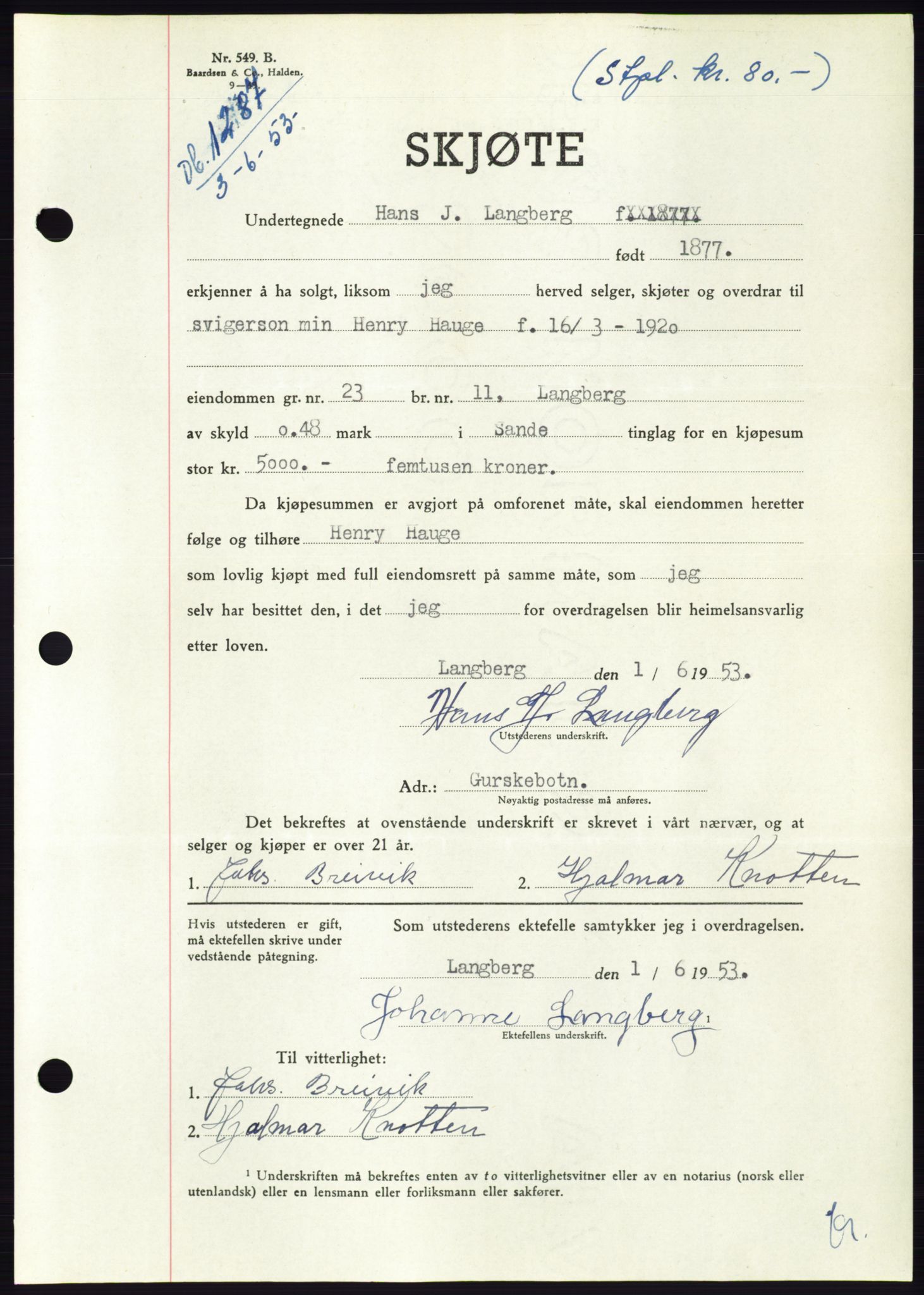 Søre Sunnmøre sorenskriveri, AV/SAT-A-4122/1/2/2C/L0095: Mortgage book no. 21A, 1953-1953, Diary no: : 1287/1953