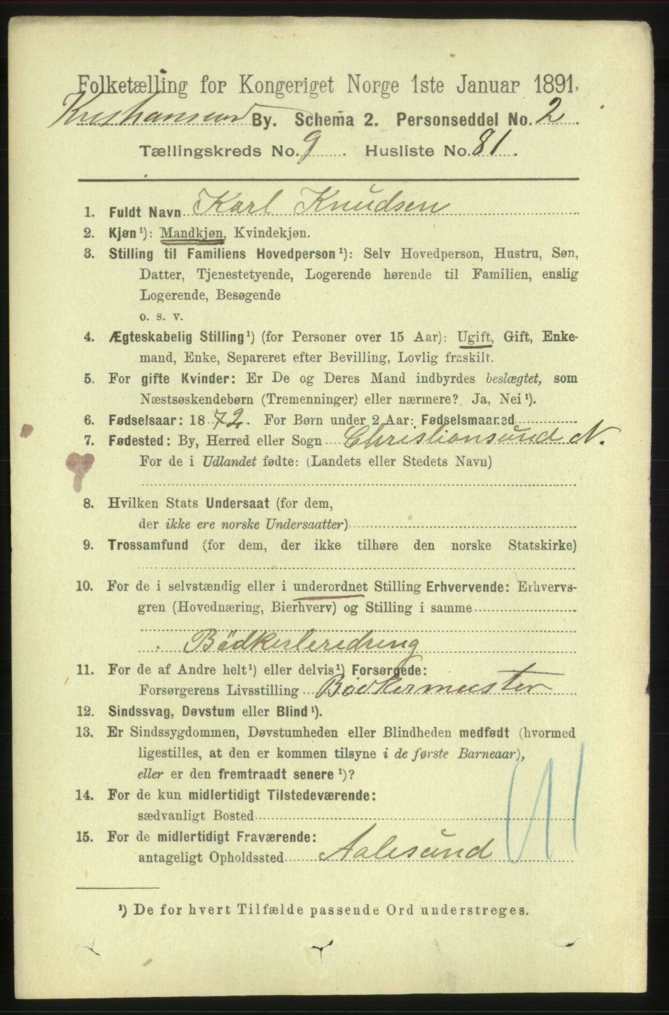 RA, 1891 census for 1503 Kristiansund, 1891, p. 8047