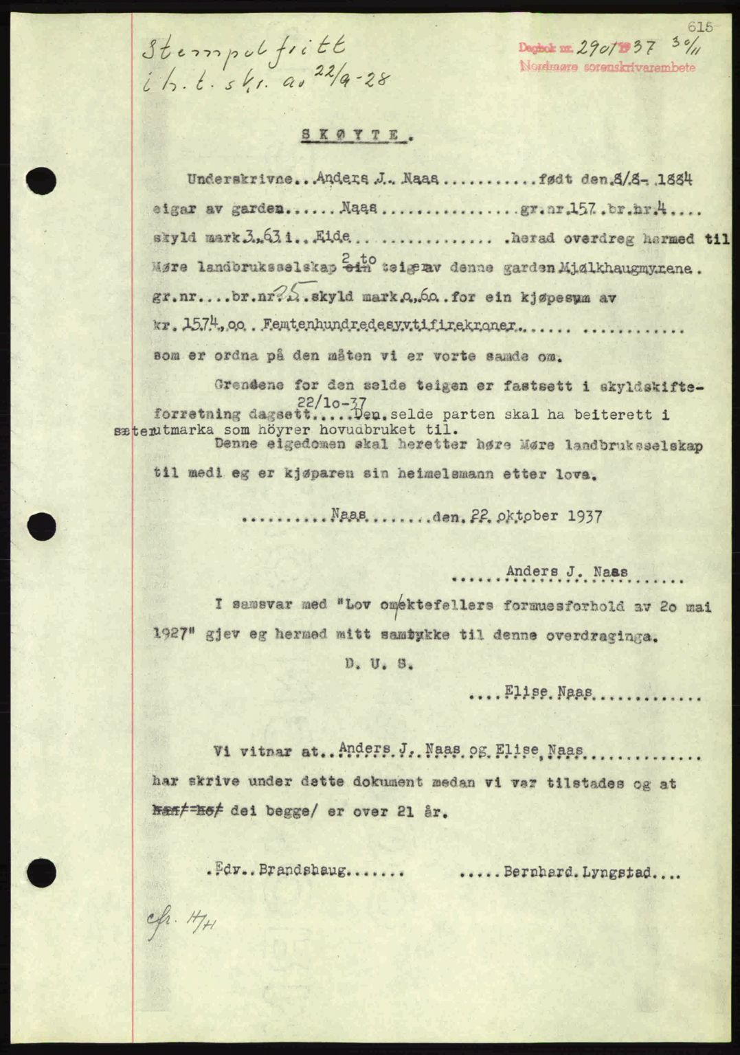 Nordmøre sorenskriveri, SAT/A-4132/1/2/2Ca: Mortgage book no. A82, 1937-1938, Diary no: : 2901/1937
