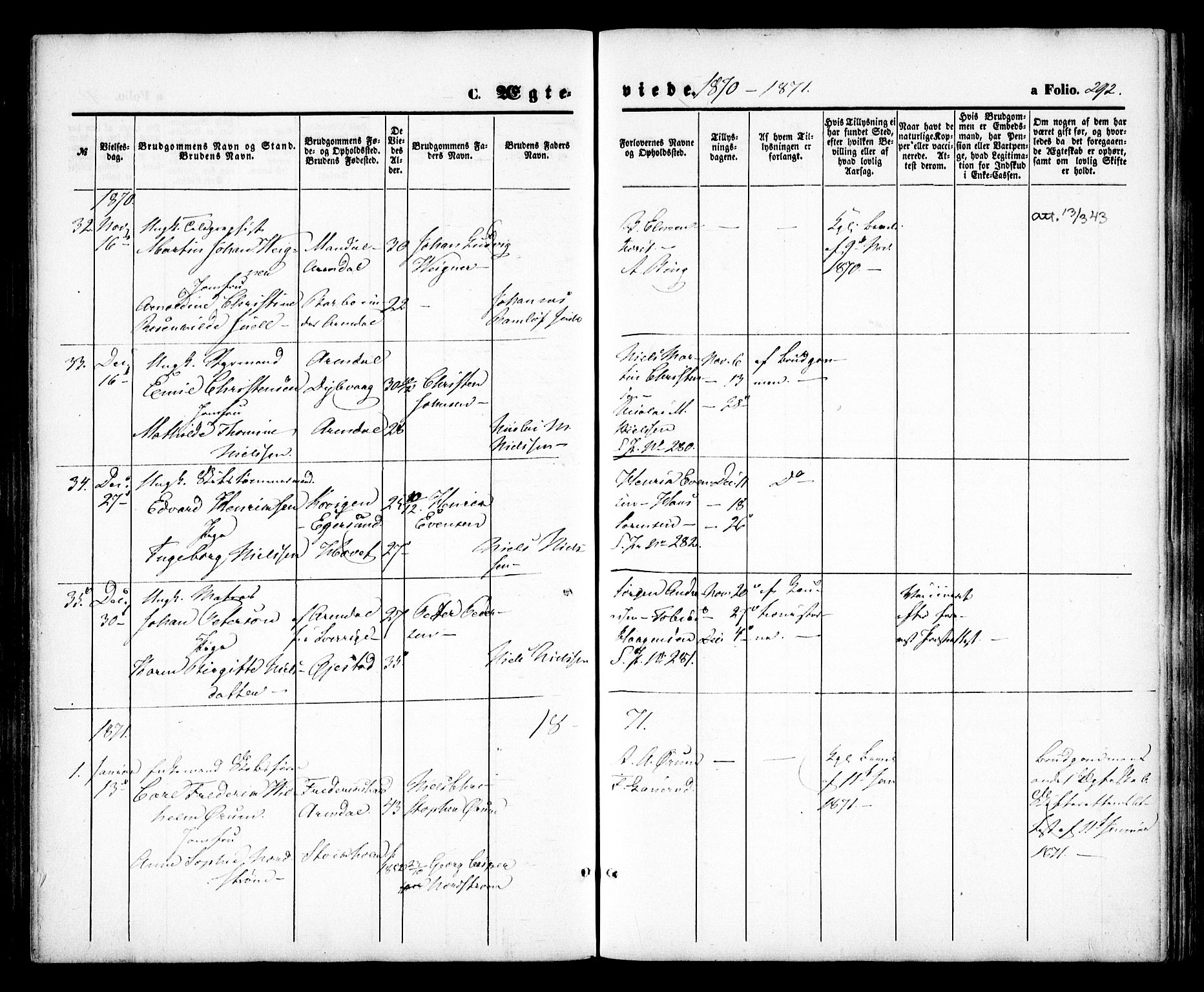 Arendal sokneprestkontor, Trefoldighet, SAK/1111-0040/F/Fa/L0007: Parish register (official) no. A 7, 1868-1878, p. 292