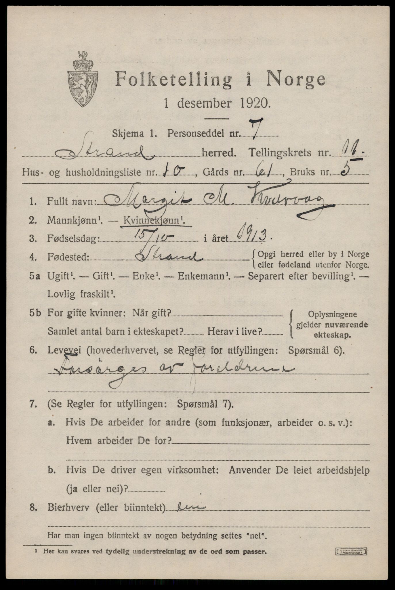 SAST, 1920 census for Strand, 1920, p. 7161