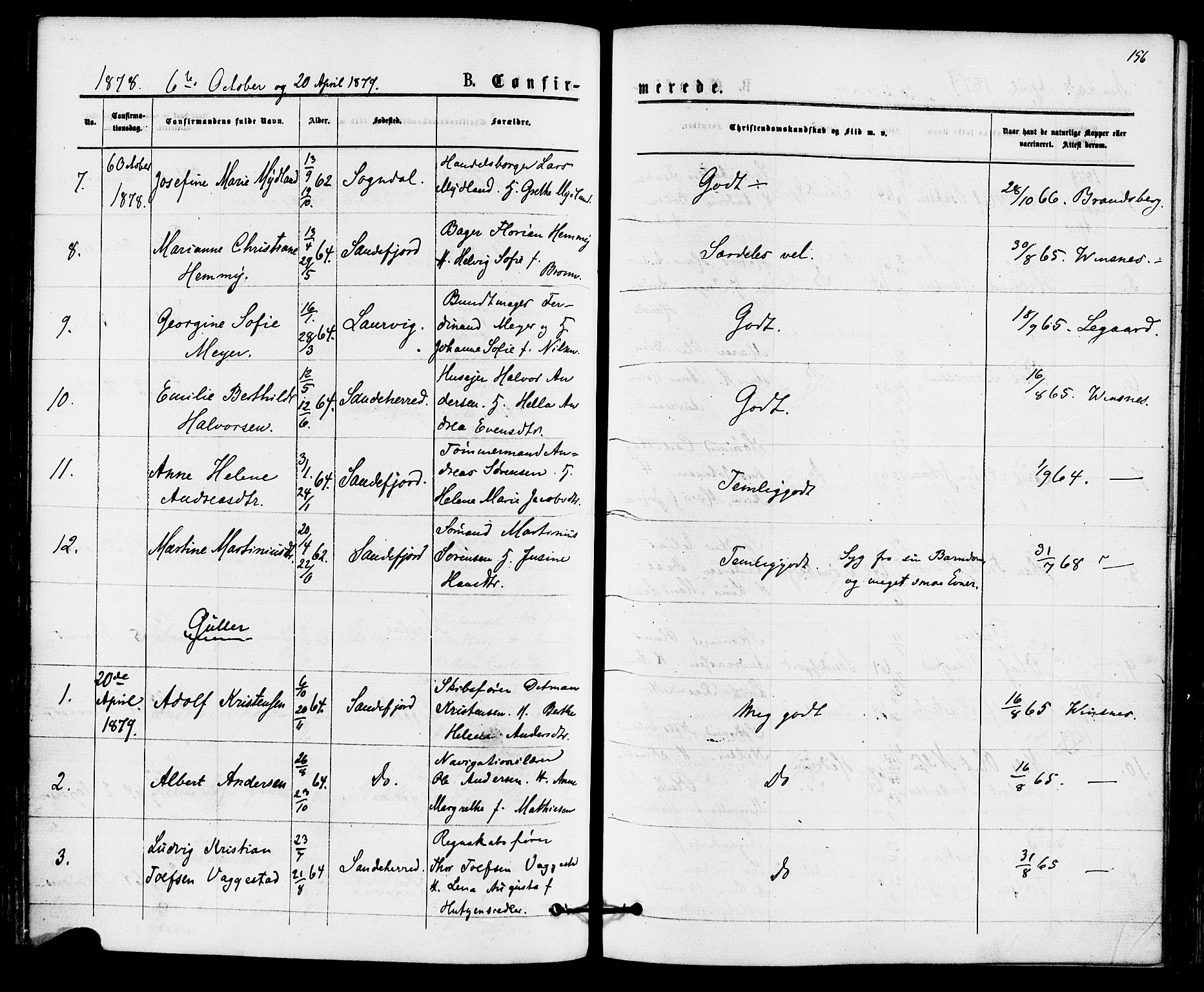 Sandefjord kirkebøker, SAKO/A-315/F/Fa/L0001: Parish register (official) no. 1, 1873-1879, p. 156