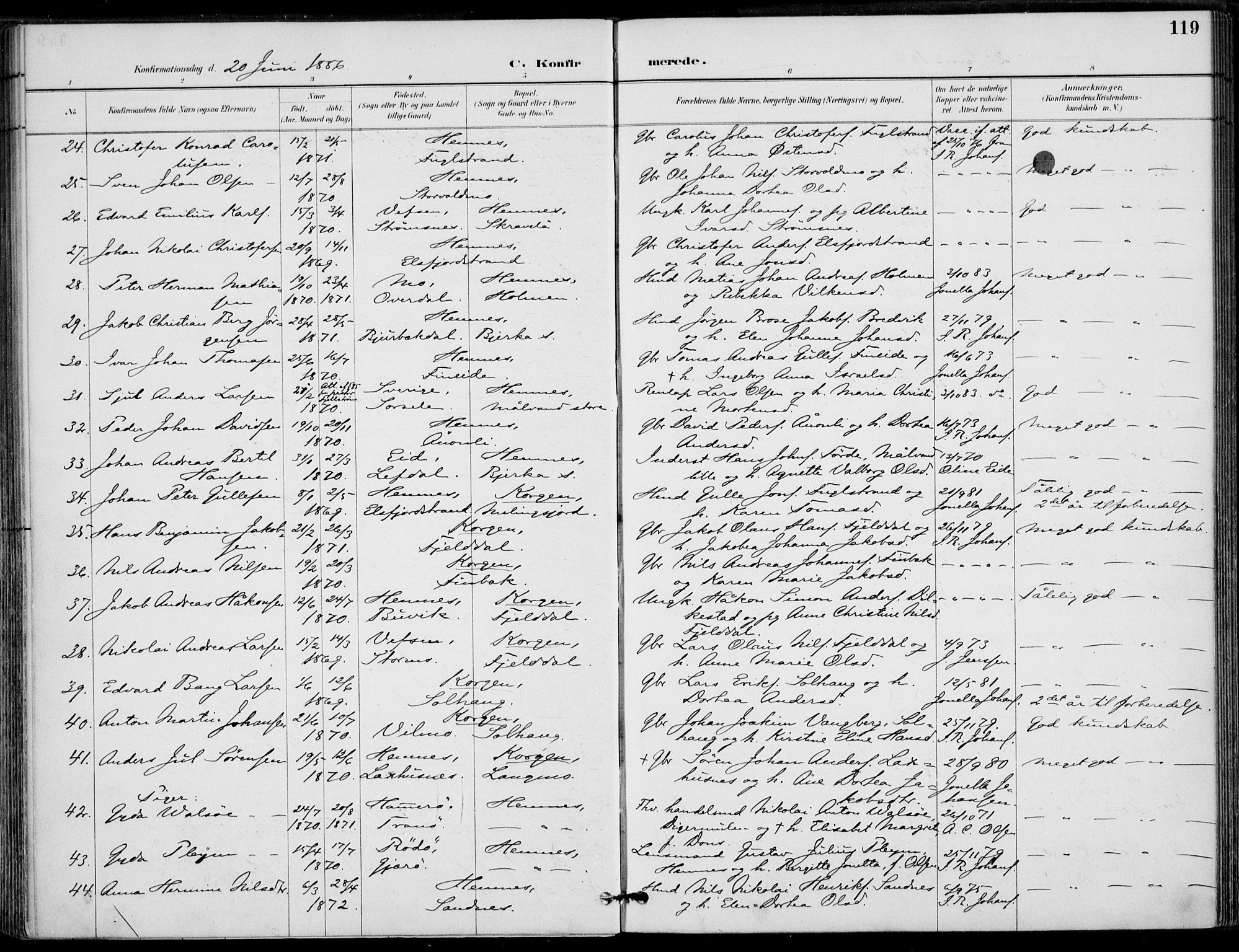 Ministerialprotokoller, klokkerbøker og fødselsregistre - Nordland, SAT/A-1459/825/L0362: Parish register (official) no. 825A16, 1886-1908, p. 119