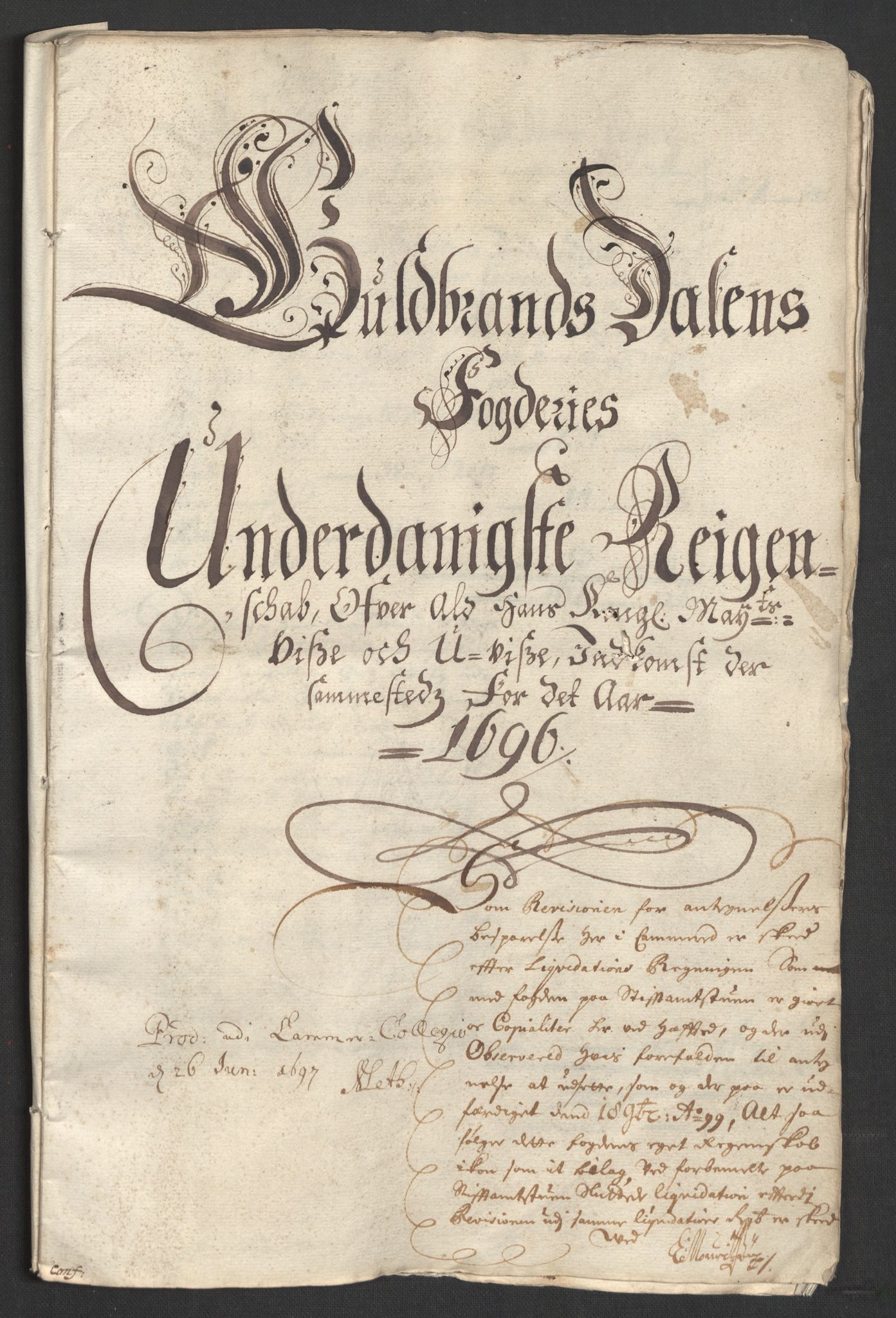 Rentekammeret inntil 1814, Reviderte regnskaper, Fogderegnskap, RA/EA-4092/R17/L1170: Fogderegnskap Gudbrandsdal, 1696-1697, p. 3