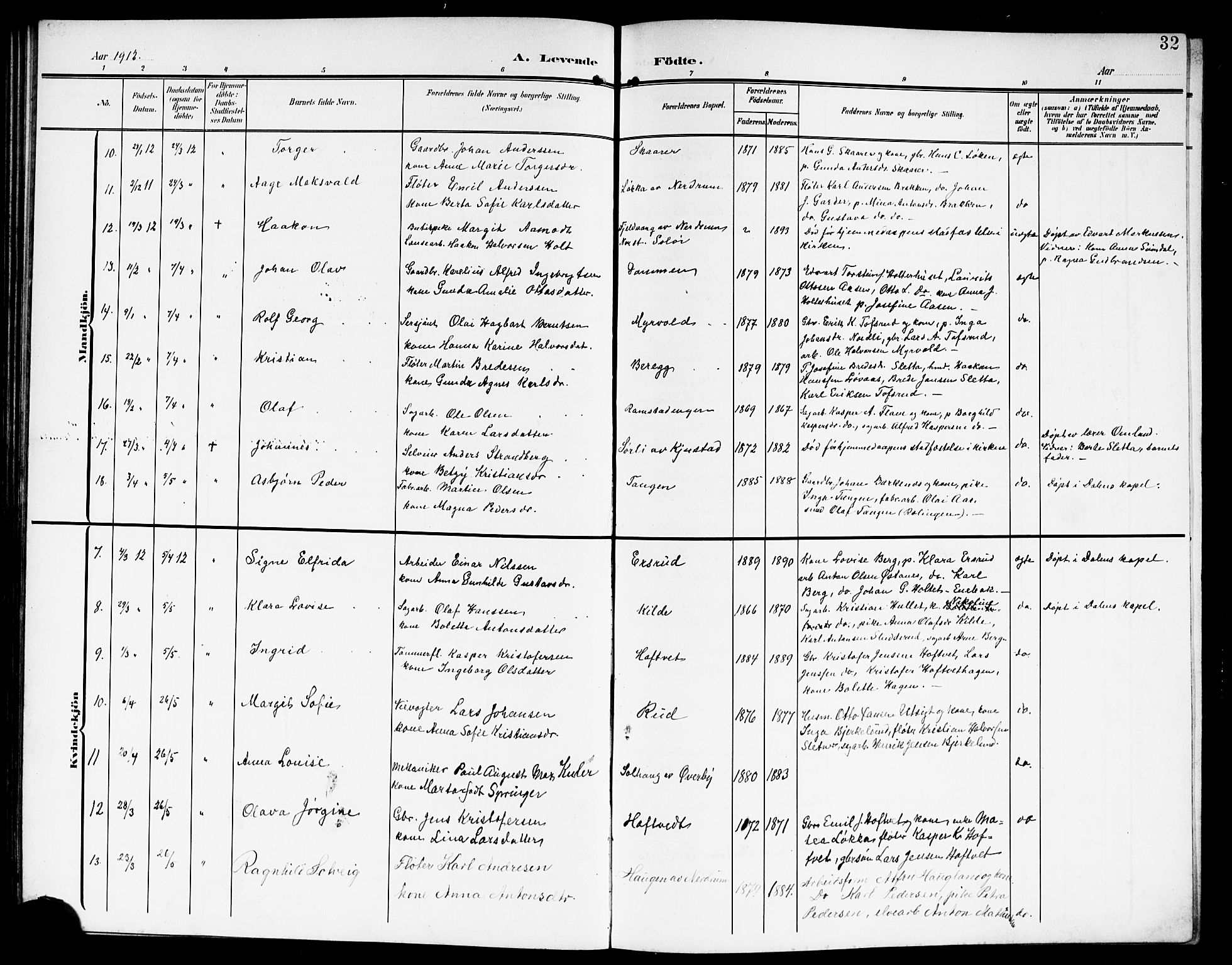 Fet prestekontor Kirkebøker, AV/SAO-A-10370a/G/Ga/L0008: Parish register (copy) no. I 8, 1907-1920, p. 32