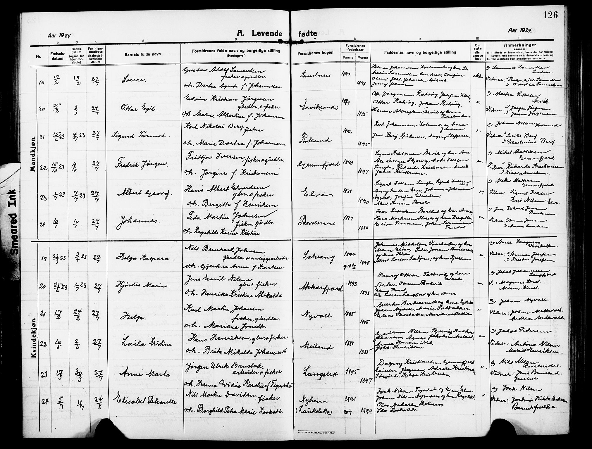 Skjervøy sokneprestkontor, AV/SATØ-S-1300/H/Ha/Hab/L0009klokker: Parish register (copy) no. 9, 1911-1926, p. 126