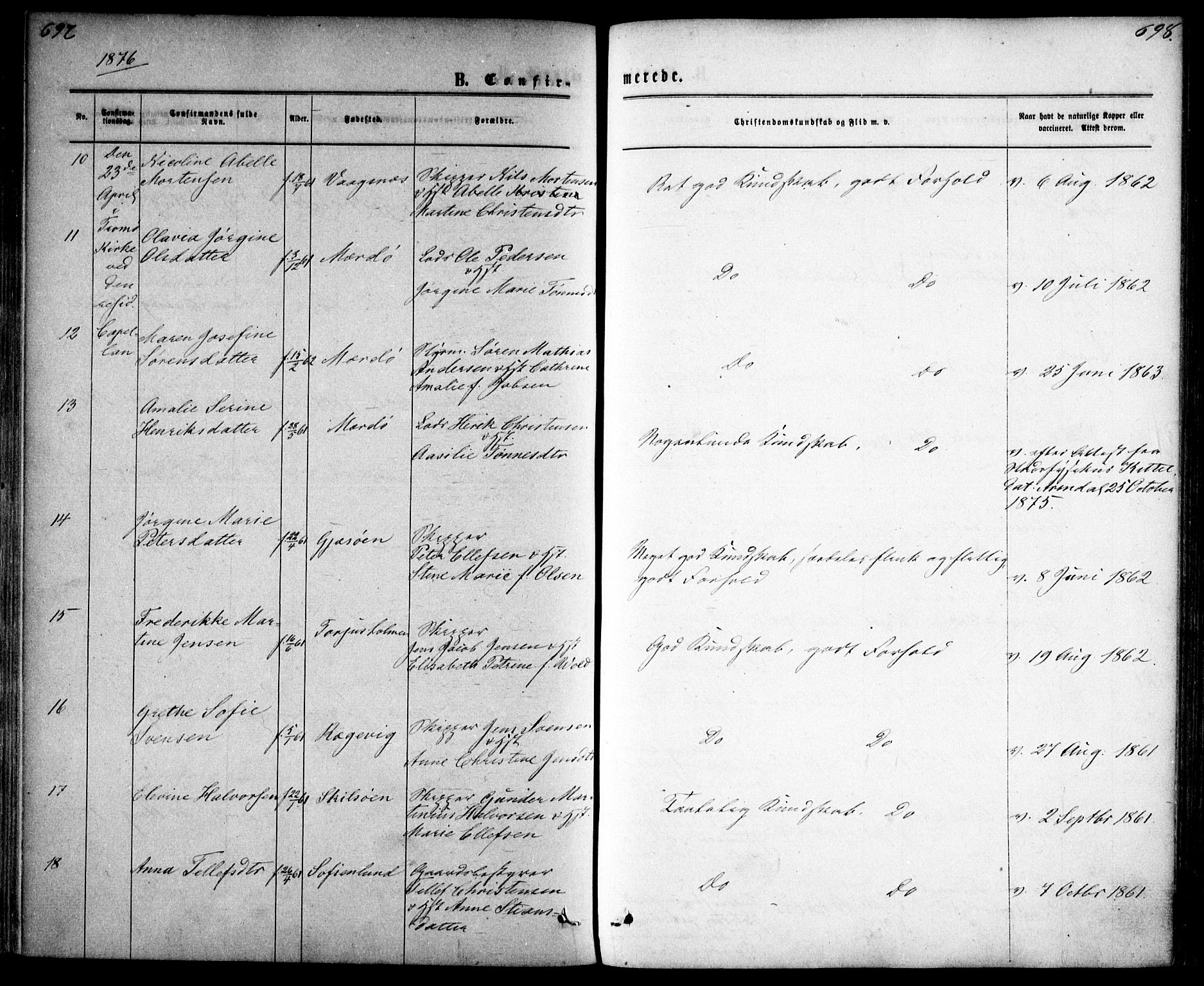 Tromøy sokneprestkontor, AV/SAK-1111-0041/F/Fa/L0008: Parish register (official) no. A 8, 1870-1877, p. 697-698