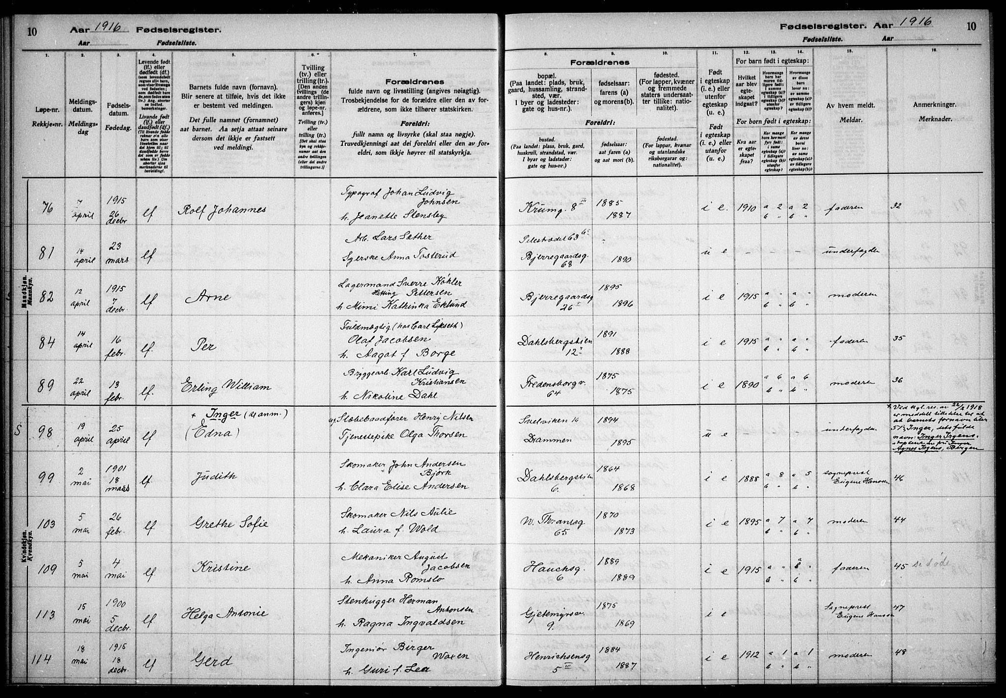 Gamle Aker prestekontor Kirkebøker, AV/SAO-A-10617a/J/L0001: Birth register no. 1, 1916-1927, p. 10