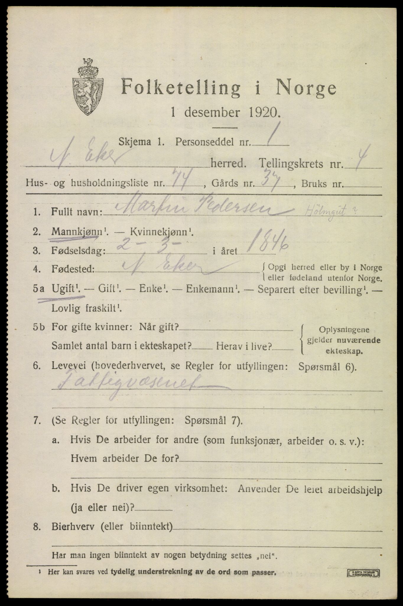 SAKO, 1920 census for Nedre Eiker, 1920, p. 5863