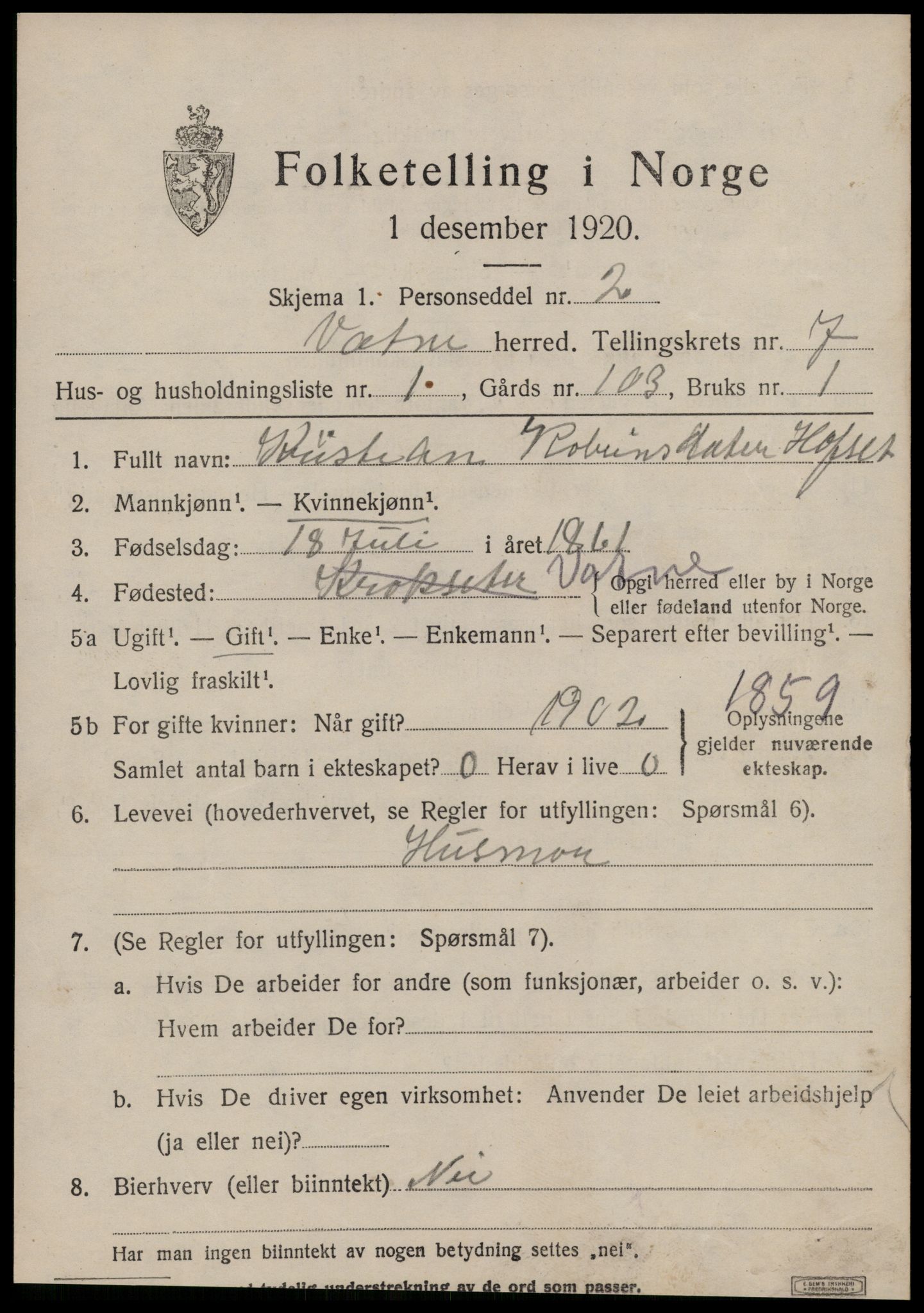 SAT, 1920 census for Vatne, 1920, p. 3126