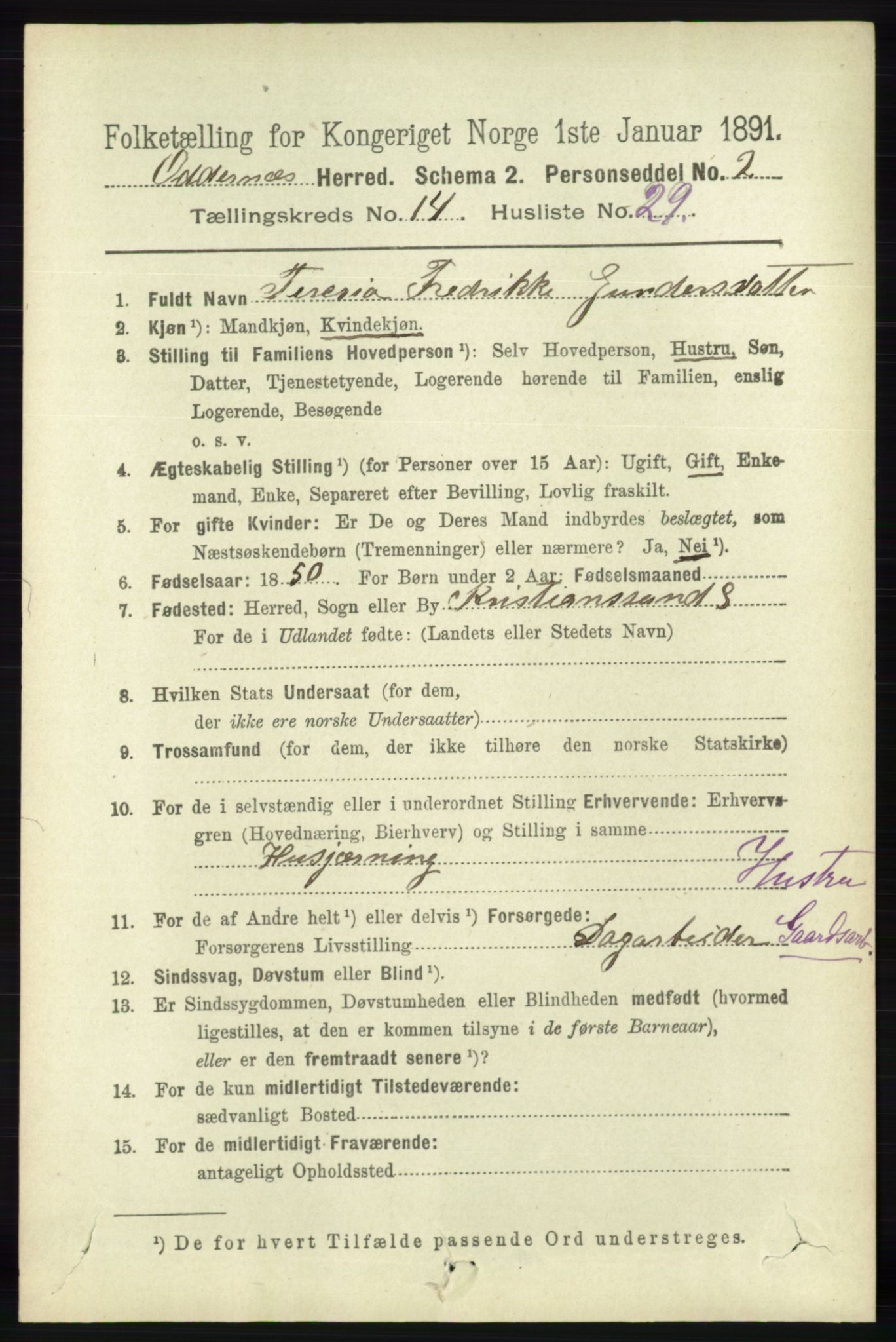 RA, 1891 census for 1012 Oddernes, 1891, p. 5007