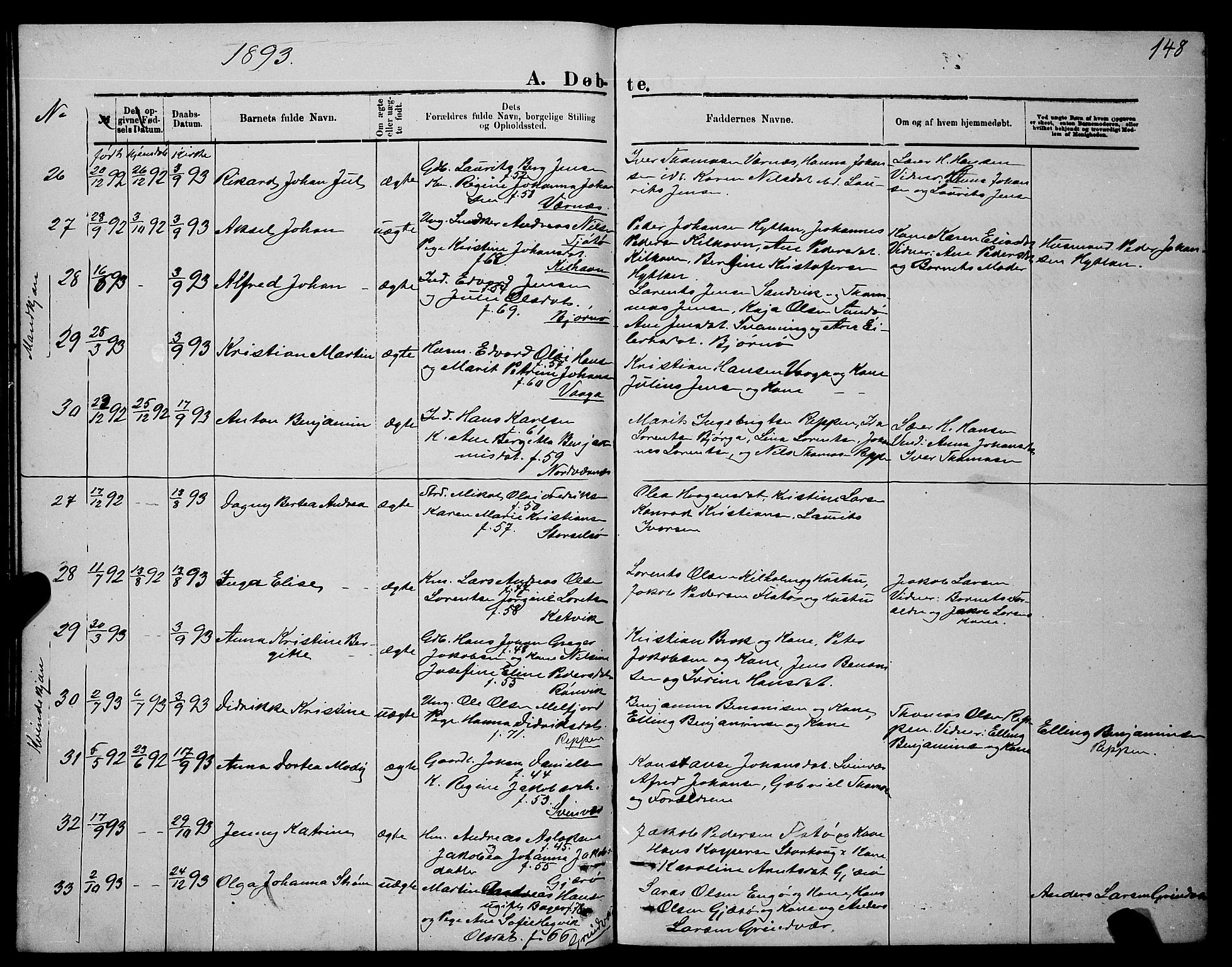 Ministerialprotokoller, klokkerbøker og fødselsregistre - Nordland, AV/SAT-A-1459/841/L0620: Parish register (copy) no. 841C04, 1877-1896, p. 148