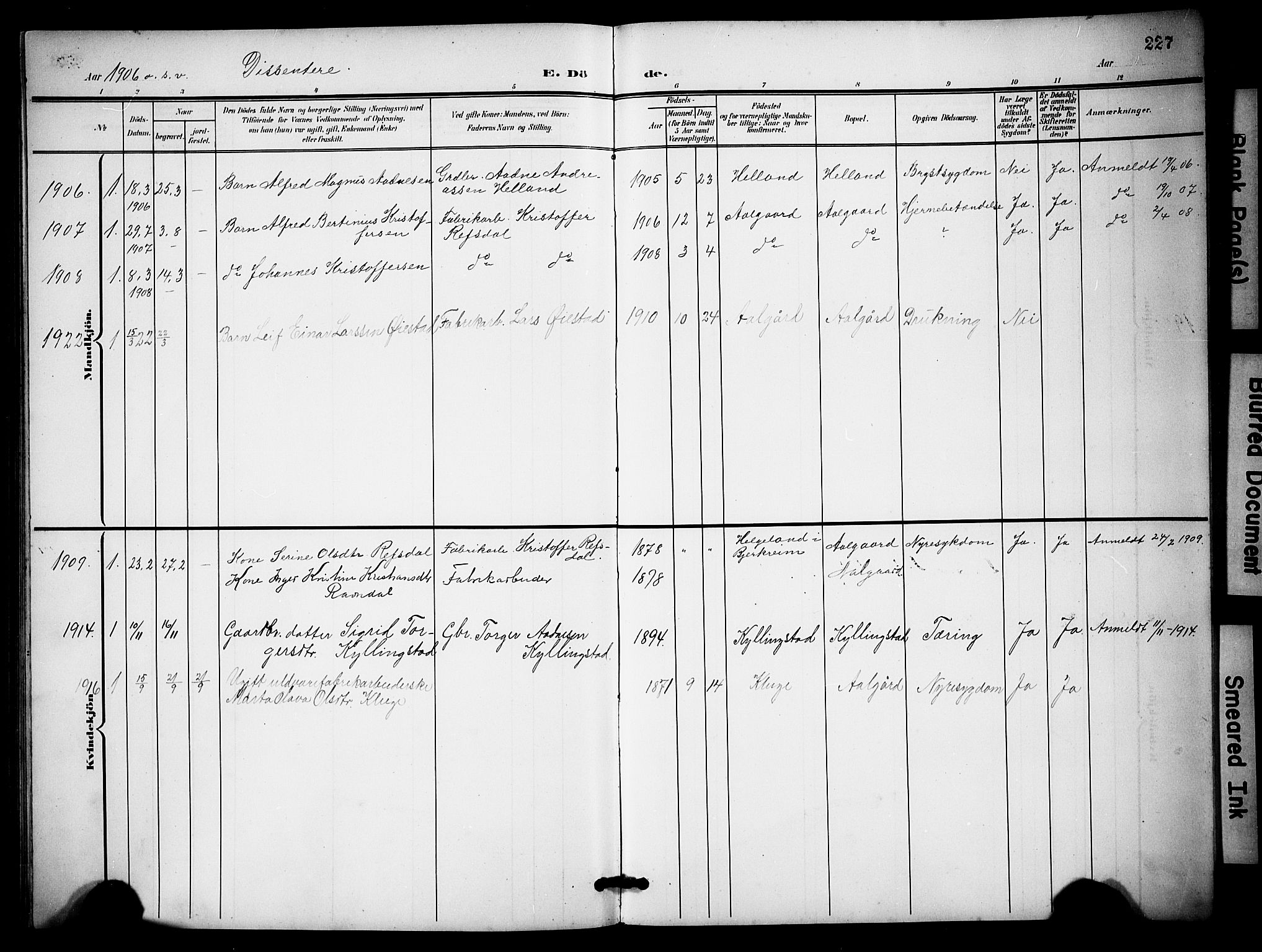 Lye sokneprestkontor, SAST/A-101794/001/30BB/L0009: Parish register (copy) no. B 9, 1902-1923, p. 227