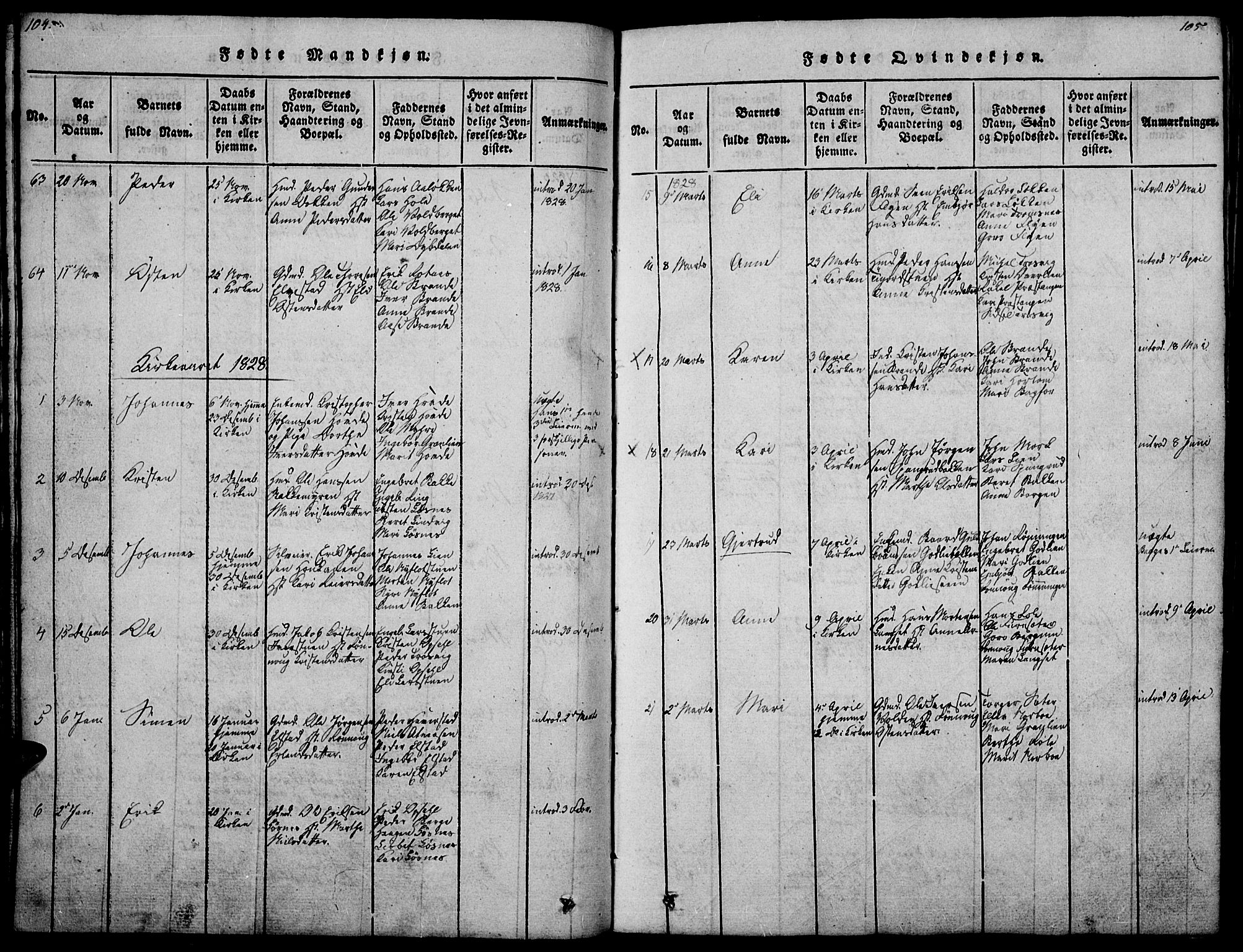 Ringebu prestekontor, AV/SAH-PREST-082/H/Ha/Haa/L0004: Parish register (official) no. 4, 1821-1839, p. 104-105