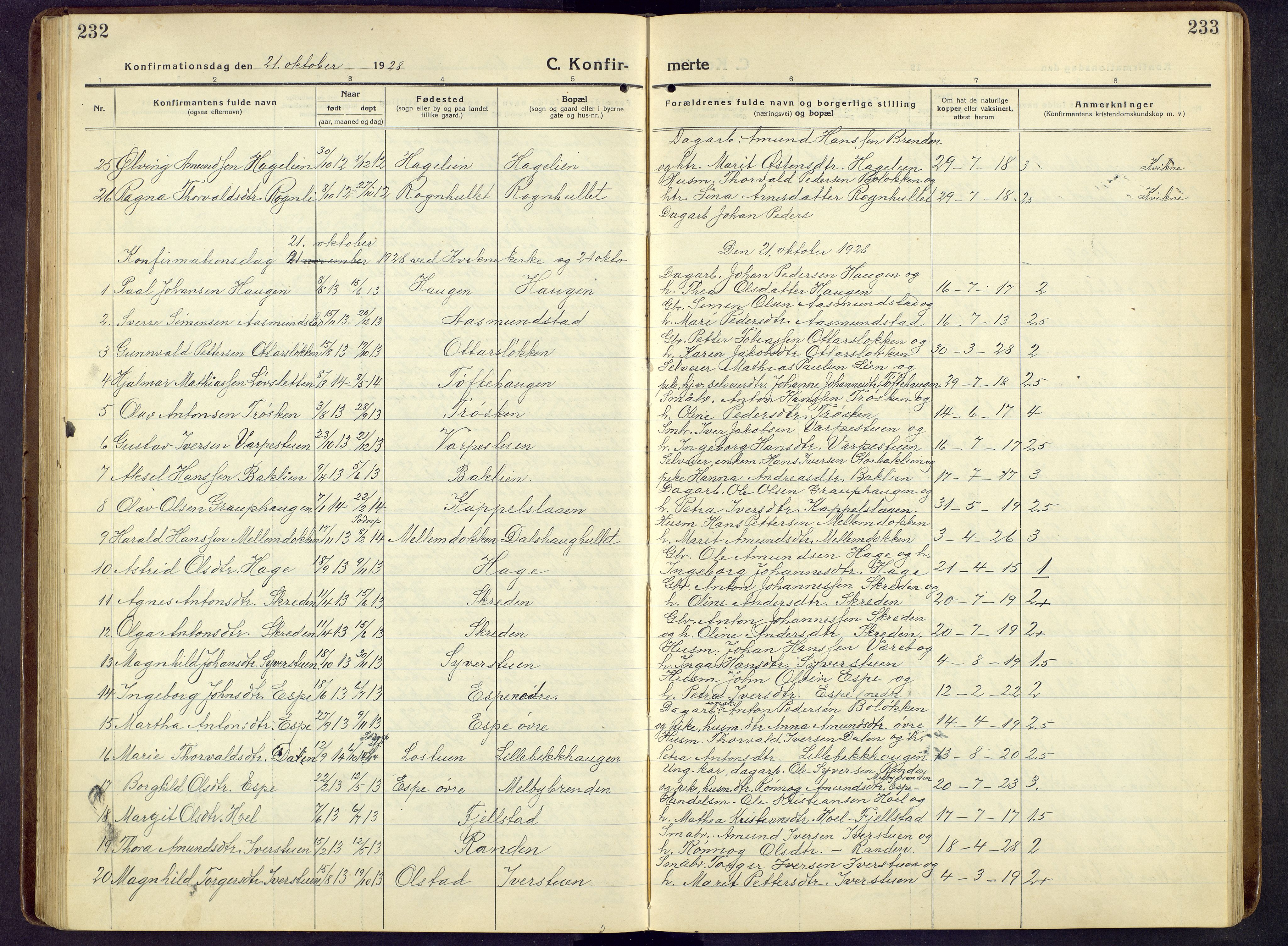 Nord-Fron prestekontor, SAH/PREST-080/H/Ha/Hab/L0009: Parish register (copy) no. 9, 1915-1958, p. 232-233