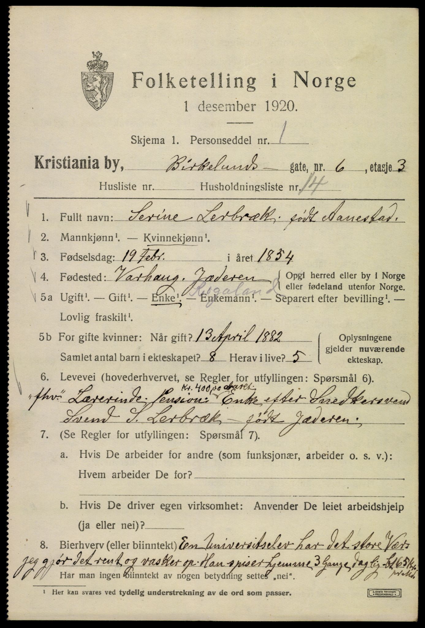 SAO, 1920 census for Kristiania, 1920, p. 156981