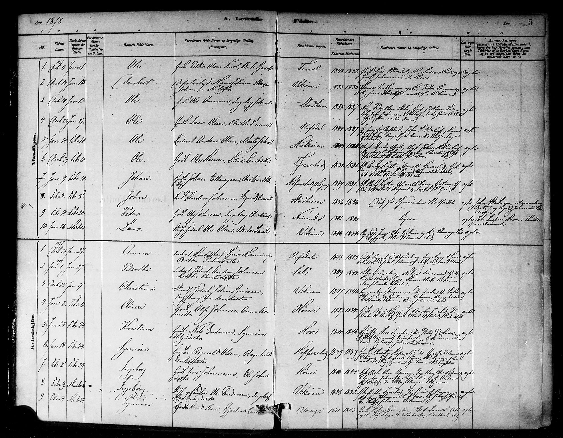 Vik sokneprestembete, AV/SAB-A-81501/H/Haa/Haab/L0001: Parish register (official) no. B 1, 1878-1890, p. 5