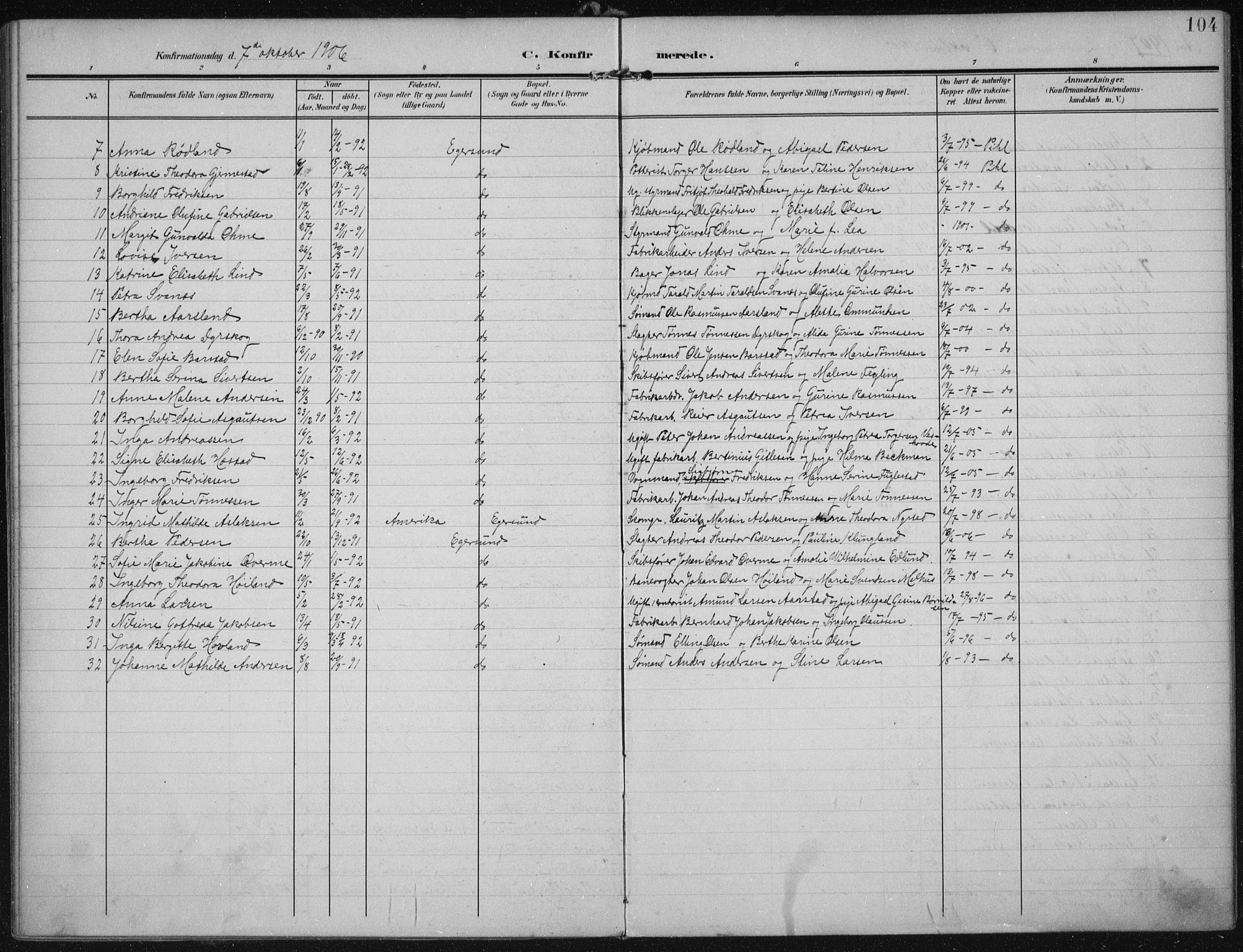 Eigersund sokneprestkontor, AV/SAST-A-101807/001/30/30BA/L0022: Parish register (official) no. A 21, 1905-1928, p. 104