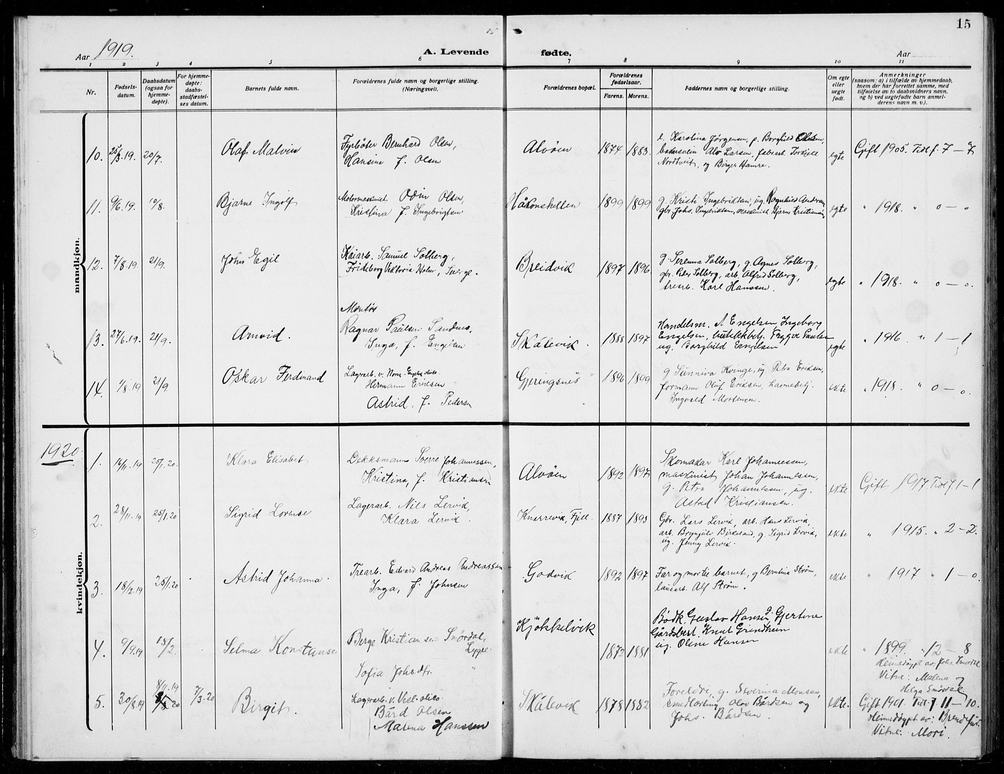 Loddefjord  sokneprestembete, AV/SAB-A-99928: Parish register (copy) no. A  1, 1915-1934, p. 15