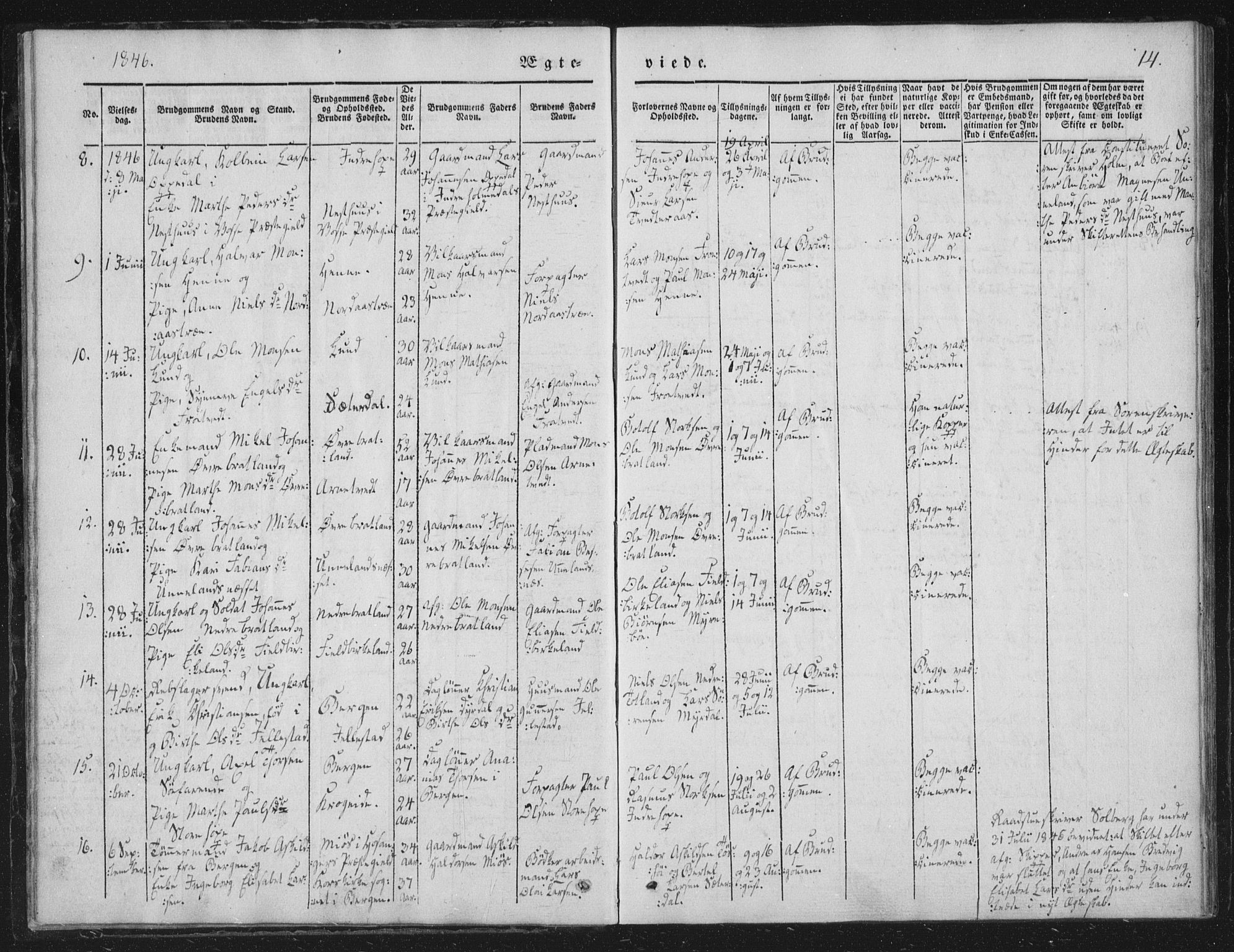 Fana Sokneprestembete, SAB/A-75101/H/Haa/Haaa/L0010: Parish register (official) no. A 10, 1841-1851, p. 14