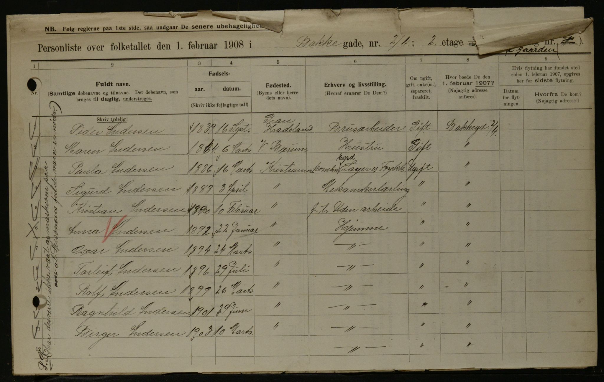 OBA, Municipal Census 1908 for Kristiania, 1908, p. 2736