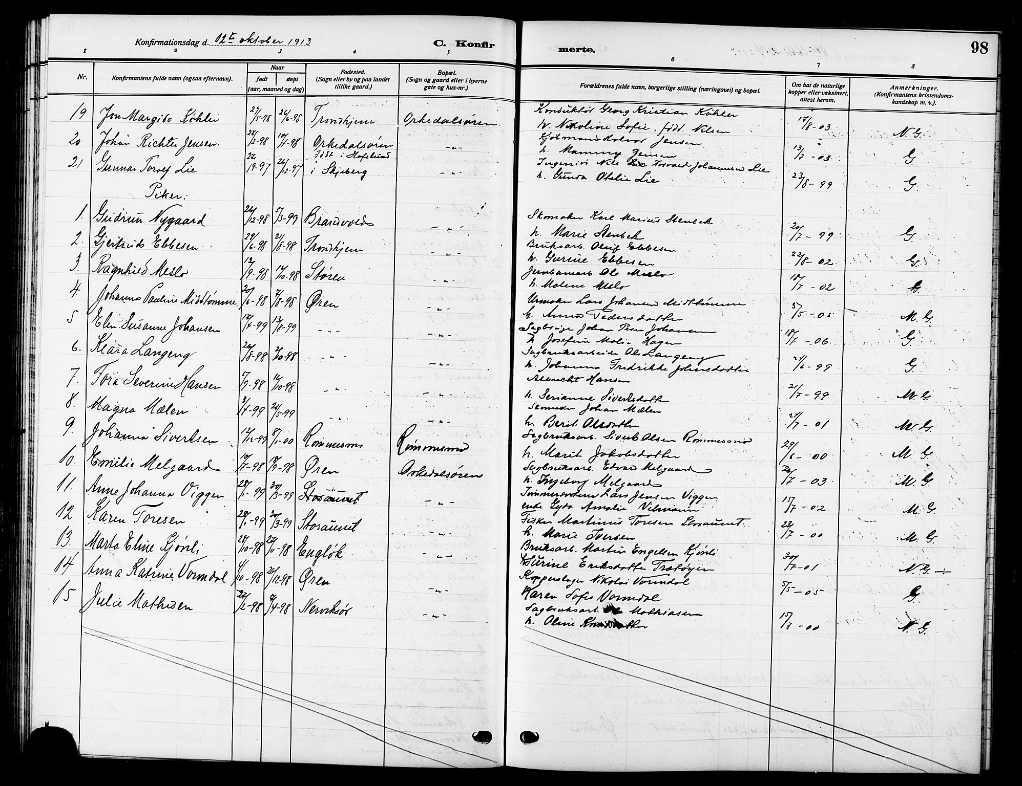 Ministerialprotokoller, klokkerbøker og fødselsregistre - Sør-Trøndelag, SAT/A-1456/669/L0831: Parish register (copy) no. 669C01, 1909-1924, p. 98