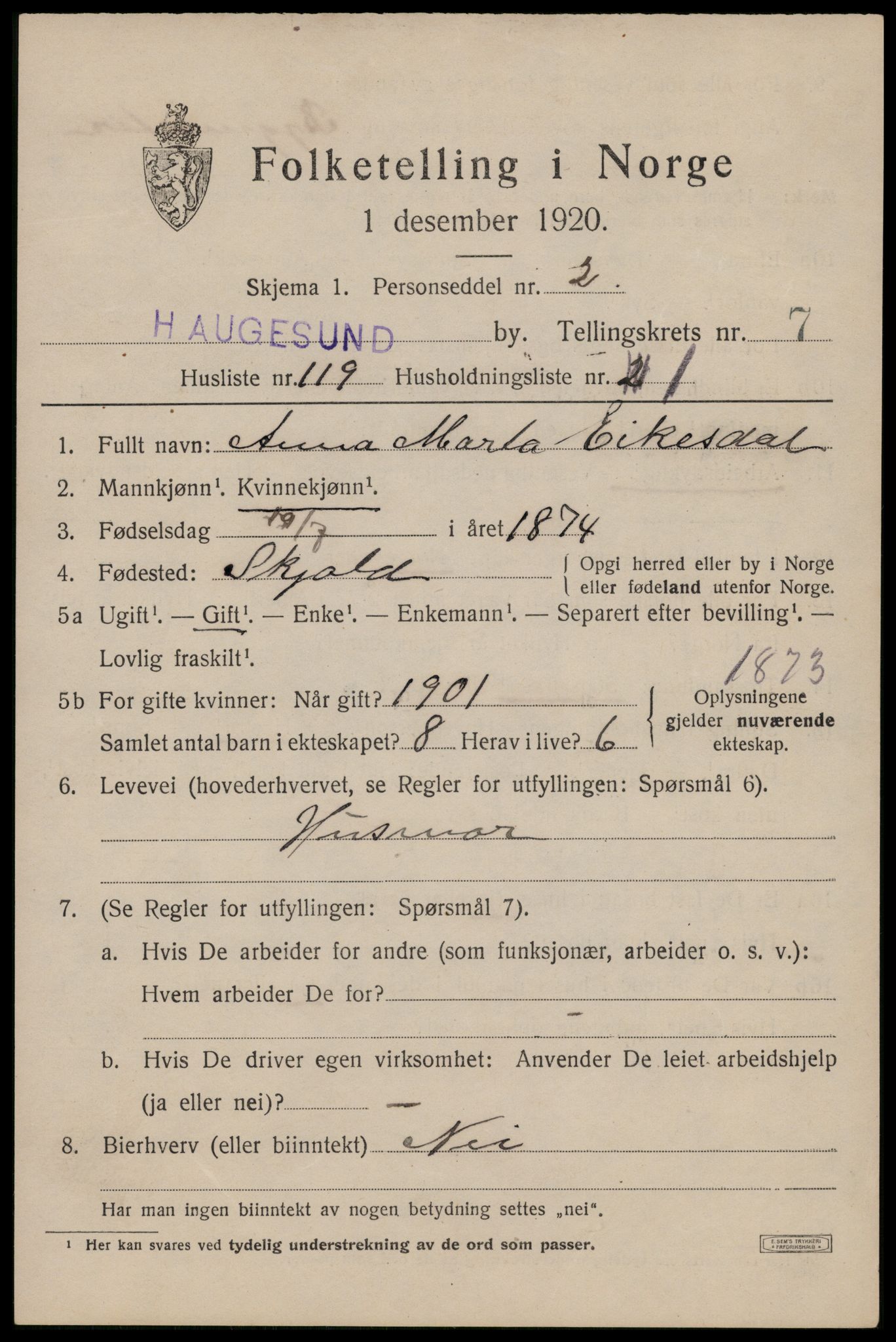 SAST, 1920 census for Haugesund, 1920, p. 27175