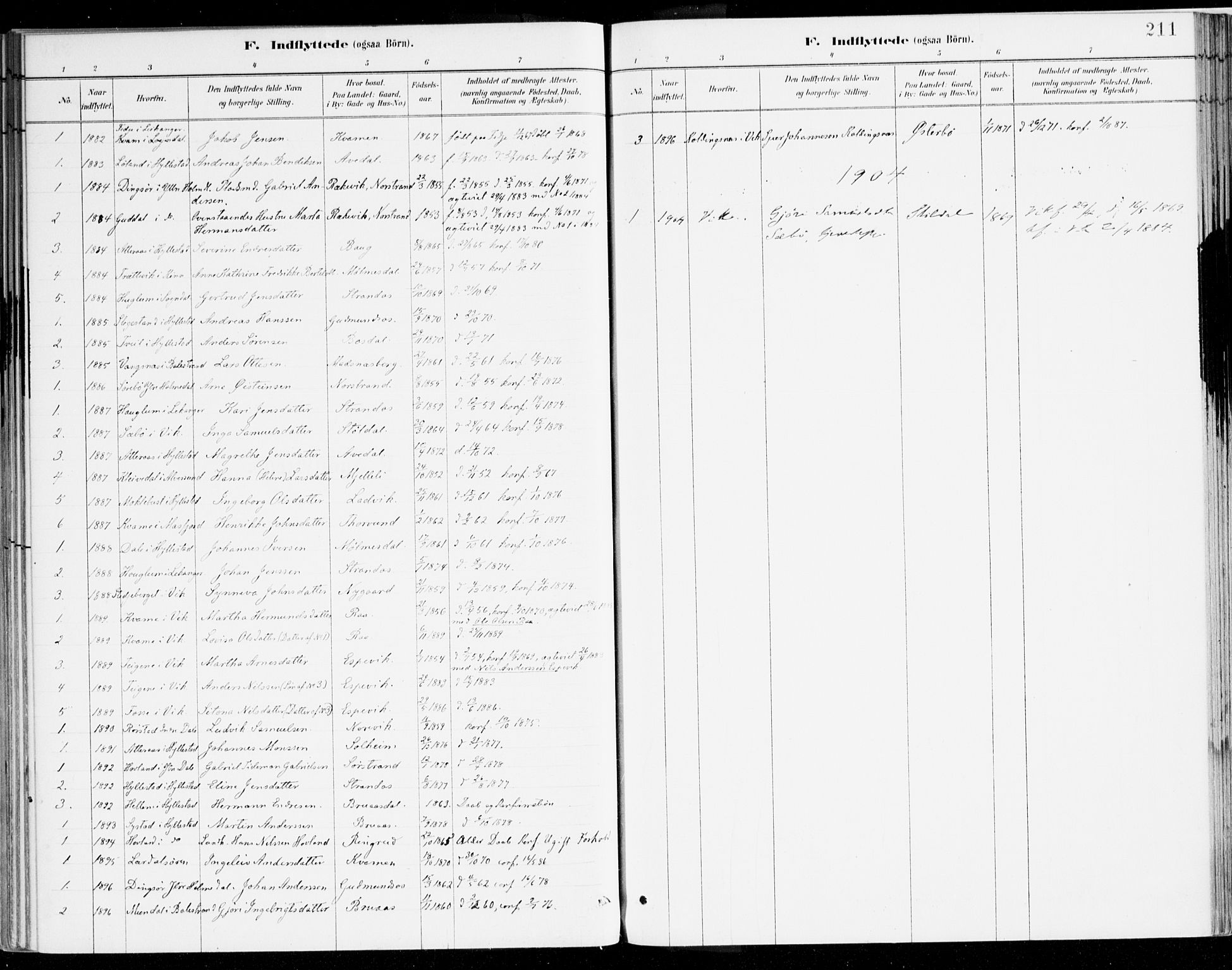 Lavik sokneprestembete, SAB/A-80901: Parish register (official) no. B 1, 1882-1908, p. 211