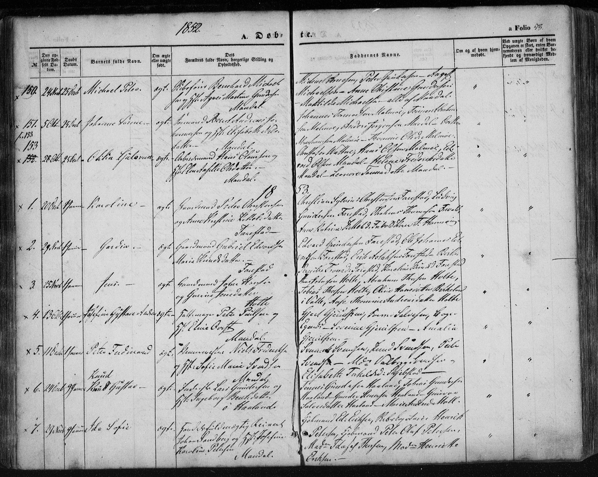 Mandal sokneprestkontor, SAK/1111-0030/F/Fa/Faa/L0013: Parish register (official) no. A 13, 1847-1859, p. 78