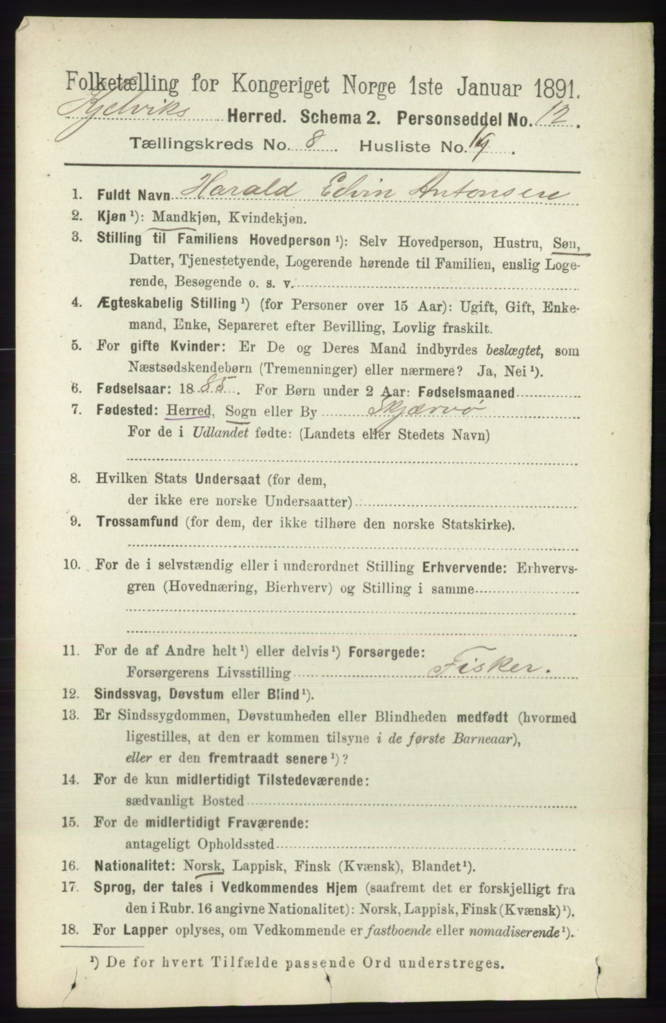 RA, 1891 census for 2019 Kjelvik, 1891, p. 1375